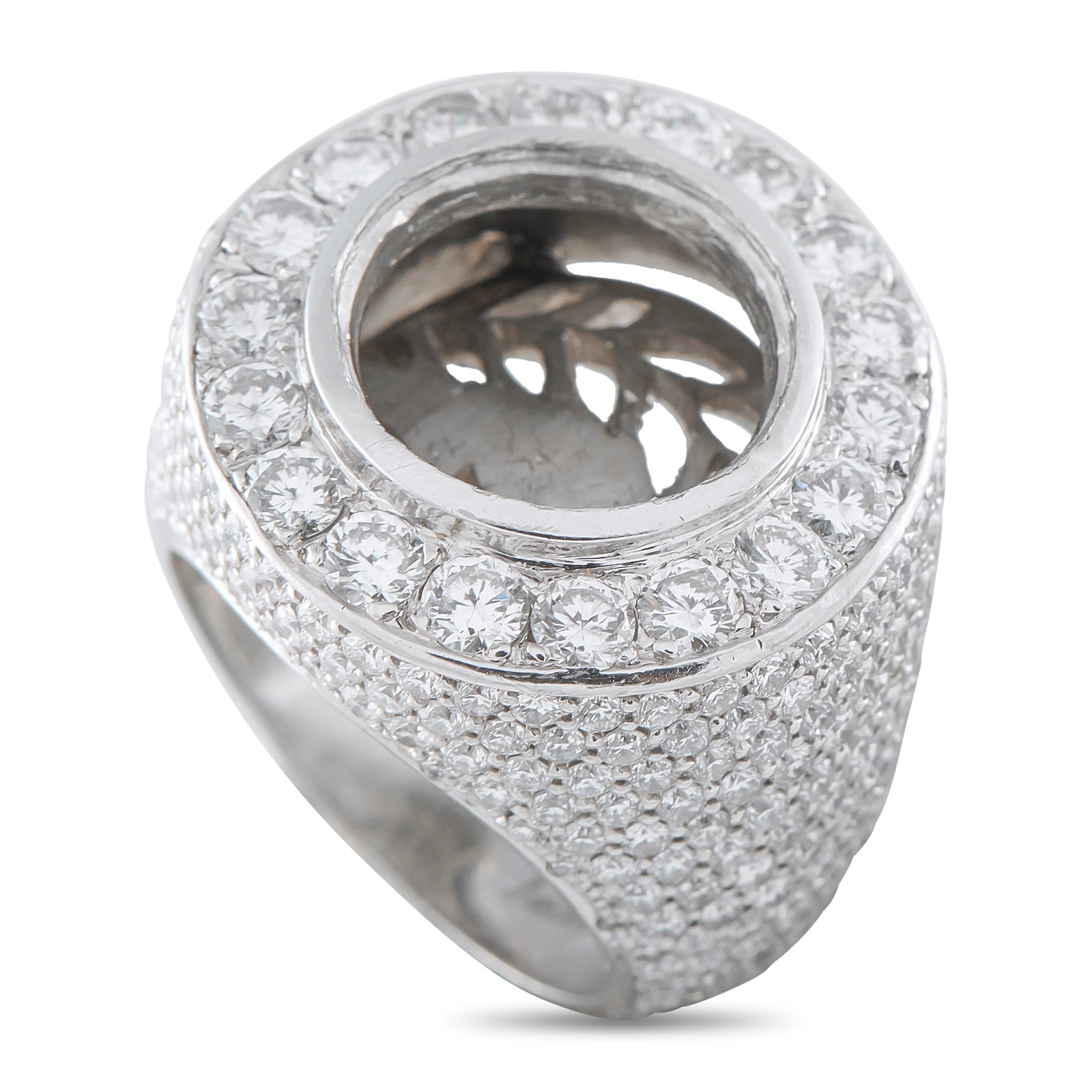 Jacob & CO Platinum 4.80ct Diamond Mounting Ring: This bold Jacob & Co ring is crafted in platinum and pavé-set throughout with round brilliant-cut diamonds totaling approximately 4.80 carats. The ring features an open circular bezel designed to hol