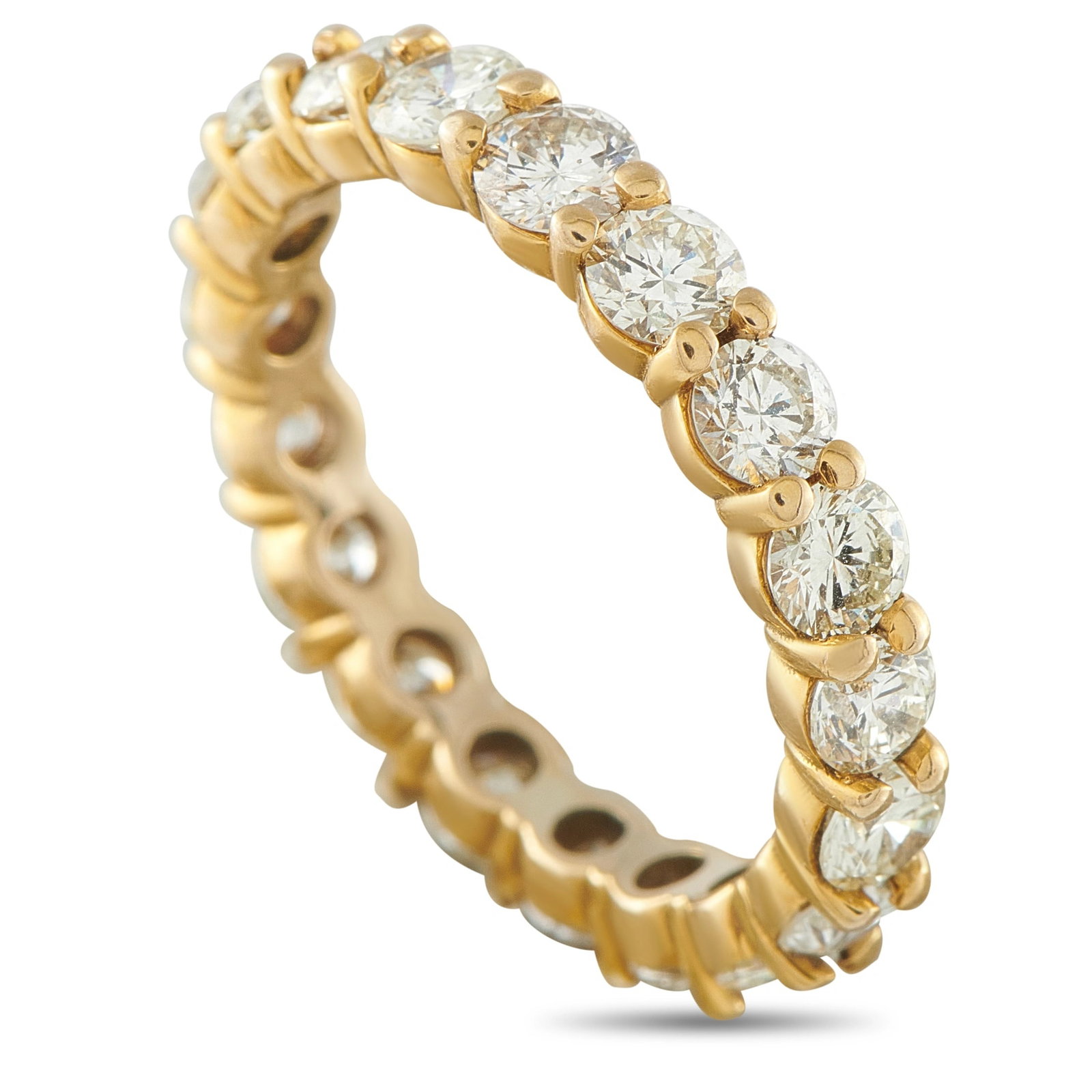 14K Yellow Gold 3.81ct Diamond Eternity Band: This 14K yellow gold eternity band is set with round brilliant-cut diamonds totaling 3.81 carats in a classic shared-prong setting, encircling the entire band for continuous sparkle. The ring weighs 4
