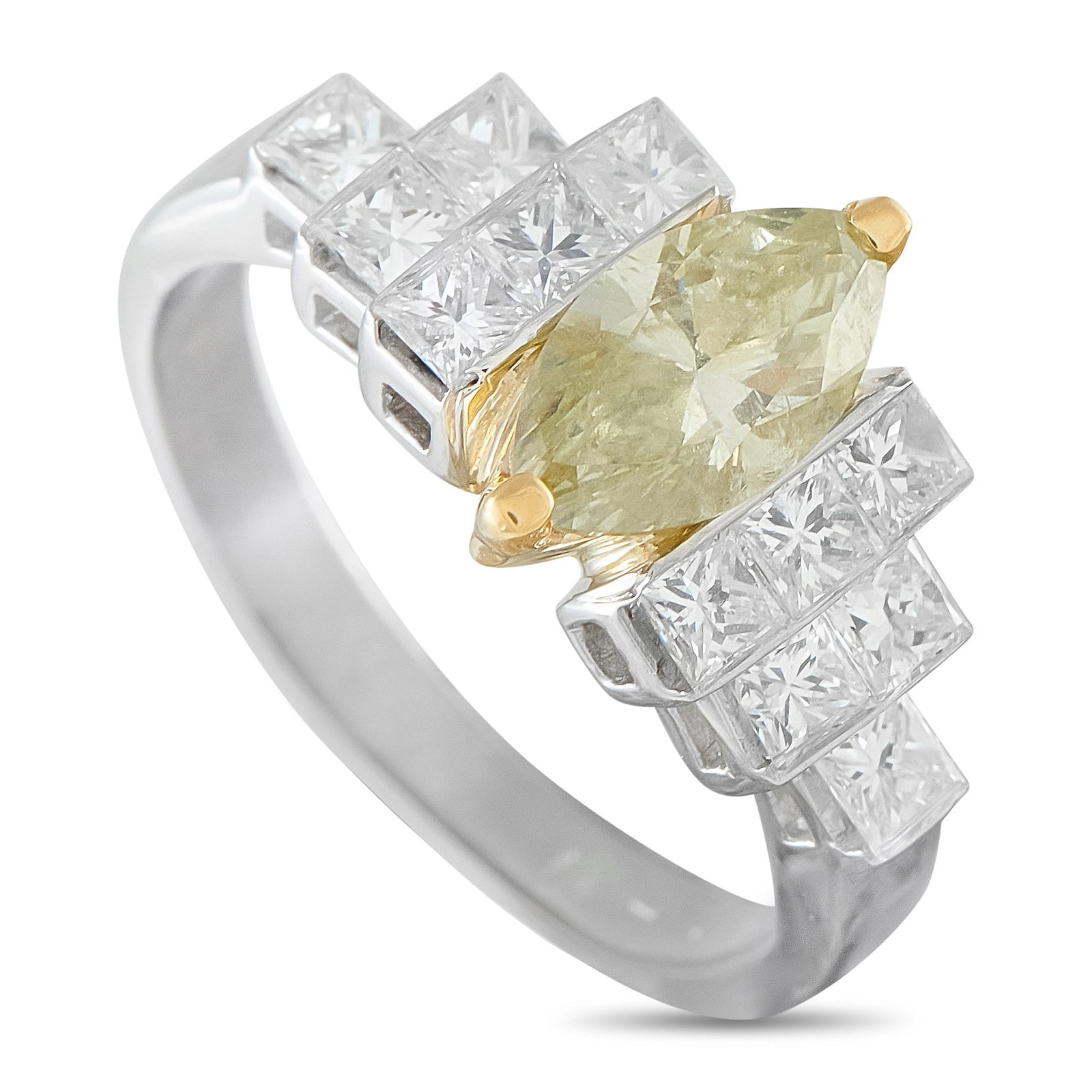 Platinum 1.73ct Diamond Ring: This platinum ring is centered by a marquise-cut fancy color diamond, set in yellow gold prongs and weighing approximately 0.75 carats, flanked by tiered rows of princess-cut diamonds totaling approxi