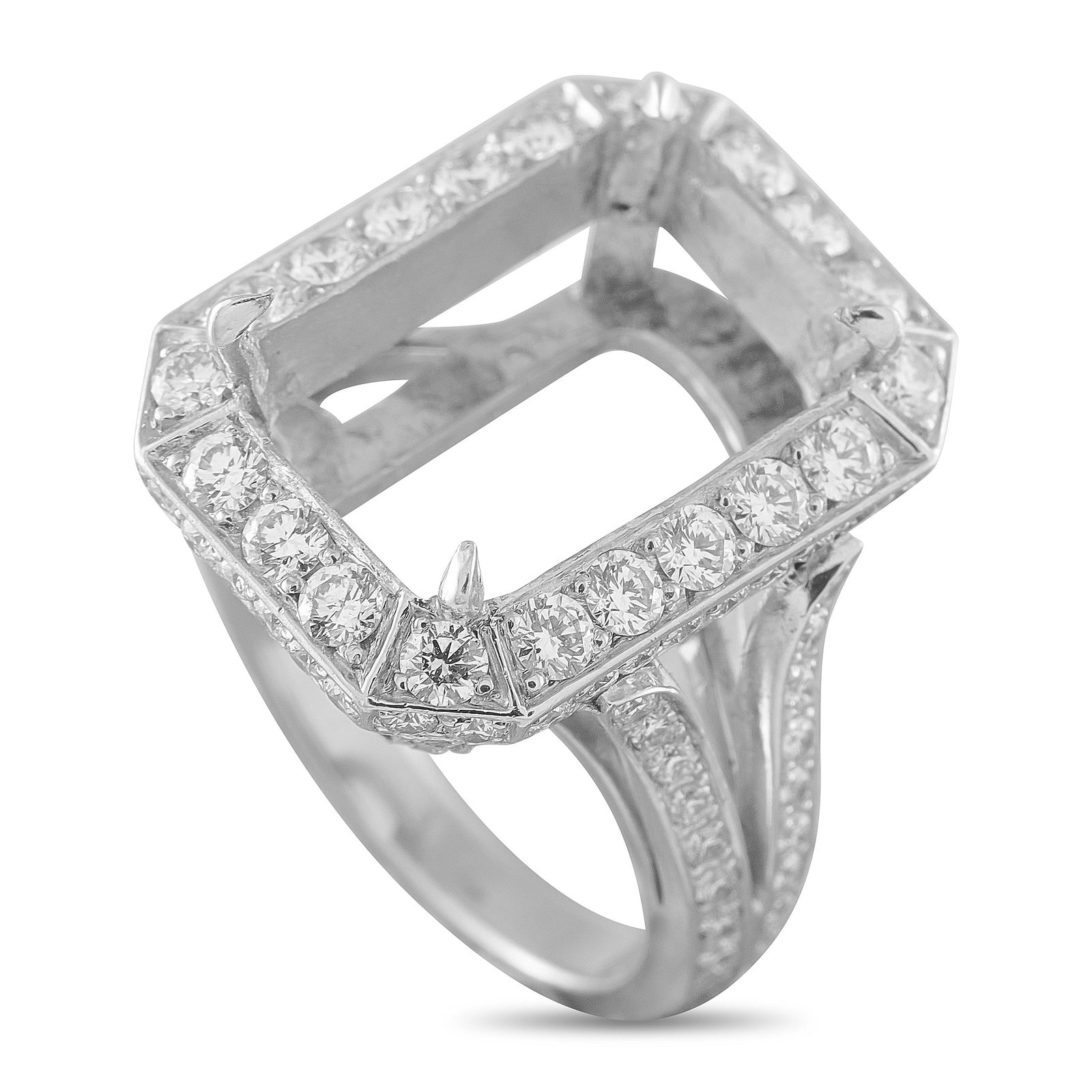 Platinum 1.87ct Diamond Halo Mounting Ring: This platinum ring setting is designed to showcase an emerald-cut center stone (not included) within a scalloped diamond halo, further enhanced by a split shank pave-set with round brilliant-cut diamo