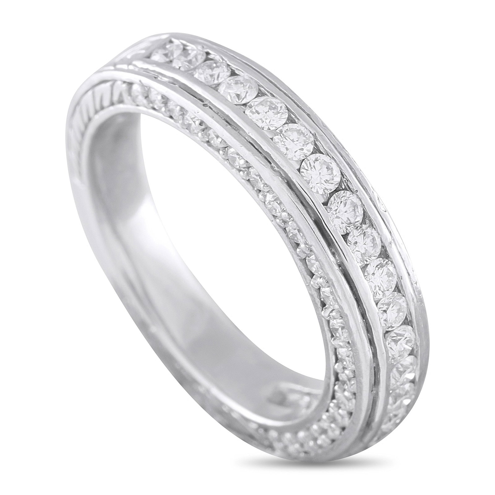 Platinum 0.90ct Diamond Eternity Band: This platinum eternity band features a row of channel-set round brilliant-cut diamonds framed by polished milgrain edges, with diamonds totaling approximately 0.90 carats. Crafted in solid platinum, t