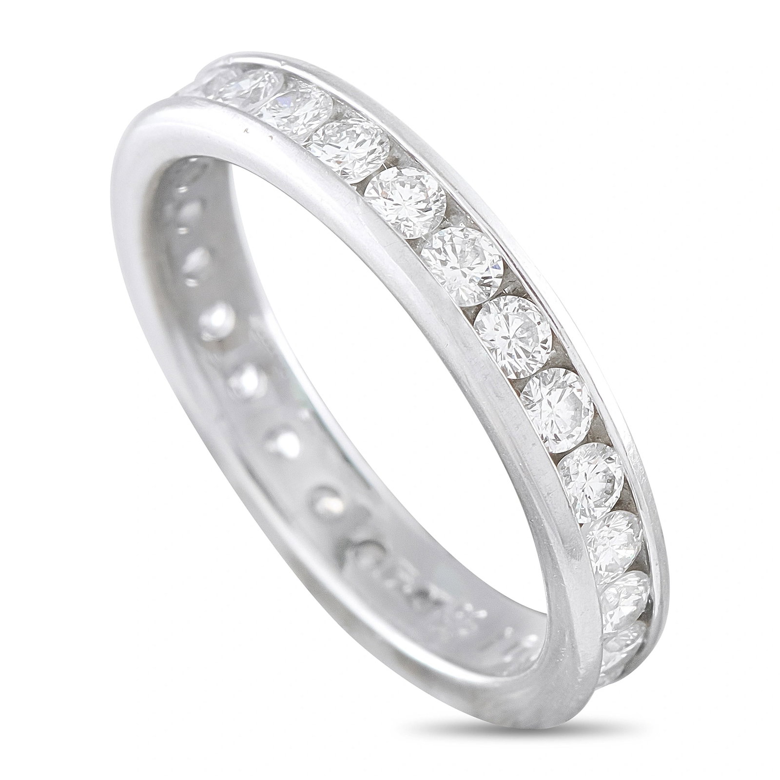 Platinum 1.02ct Diamond Eternity Band: This platinum eternity band is channel-set with round brilliant-cut diamonds that encircle the entire band, totaling approximately 1.02 carats. Crafted in solid platinum, the ring has a total weight o