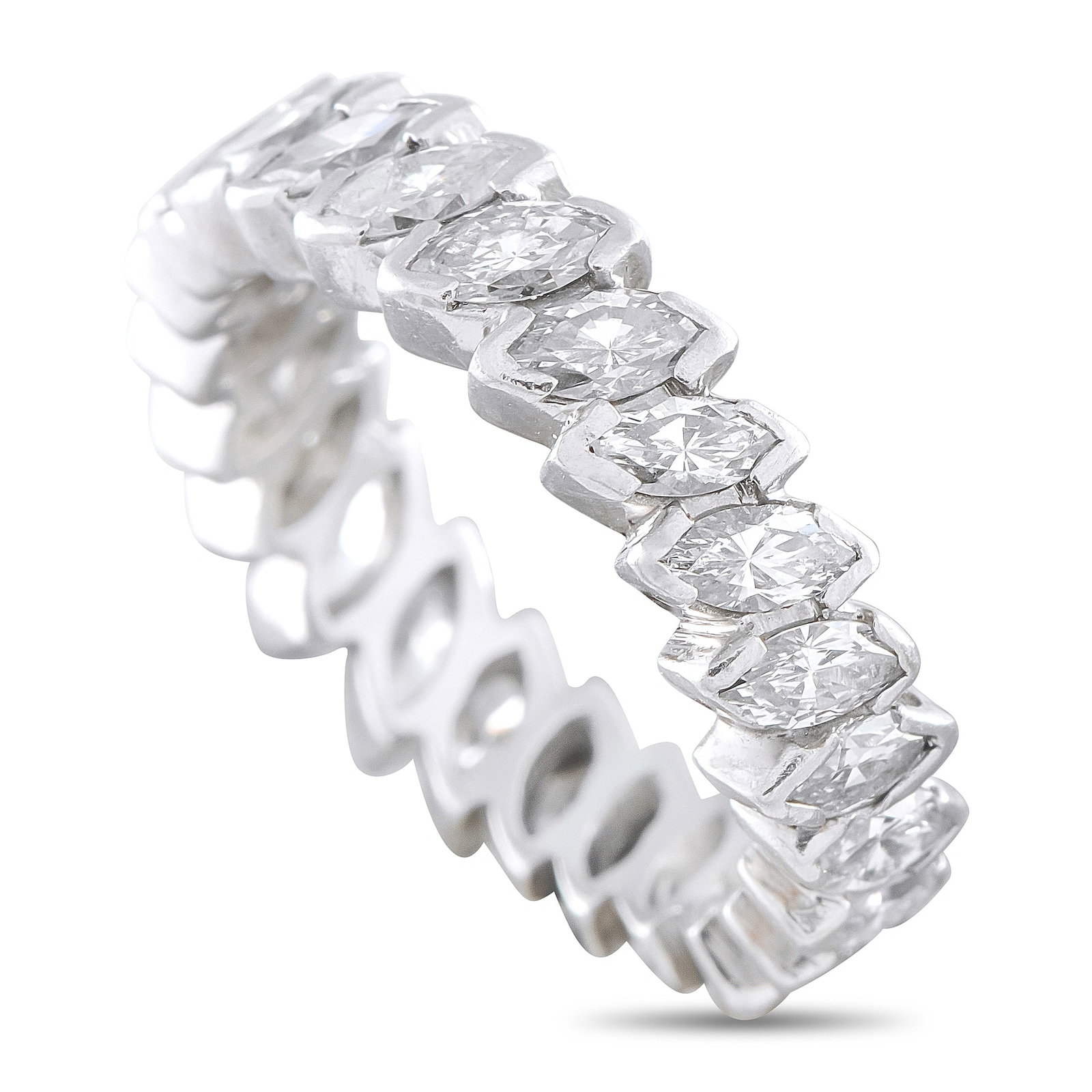 Platinum 2.75ct Diamond Eternity Band: This eternity band ring is crafted in platinum and set entirely around with marquise-cut diamonds totaling approximately 2.75 carats in a bezel setting. The diamonds are arranged in an alternating pat