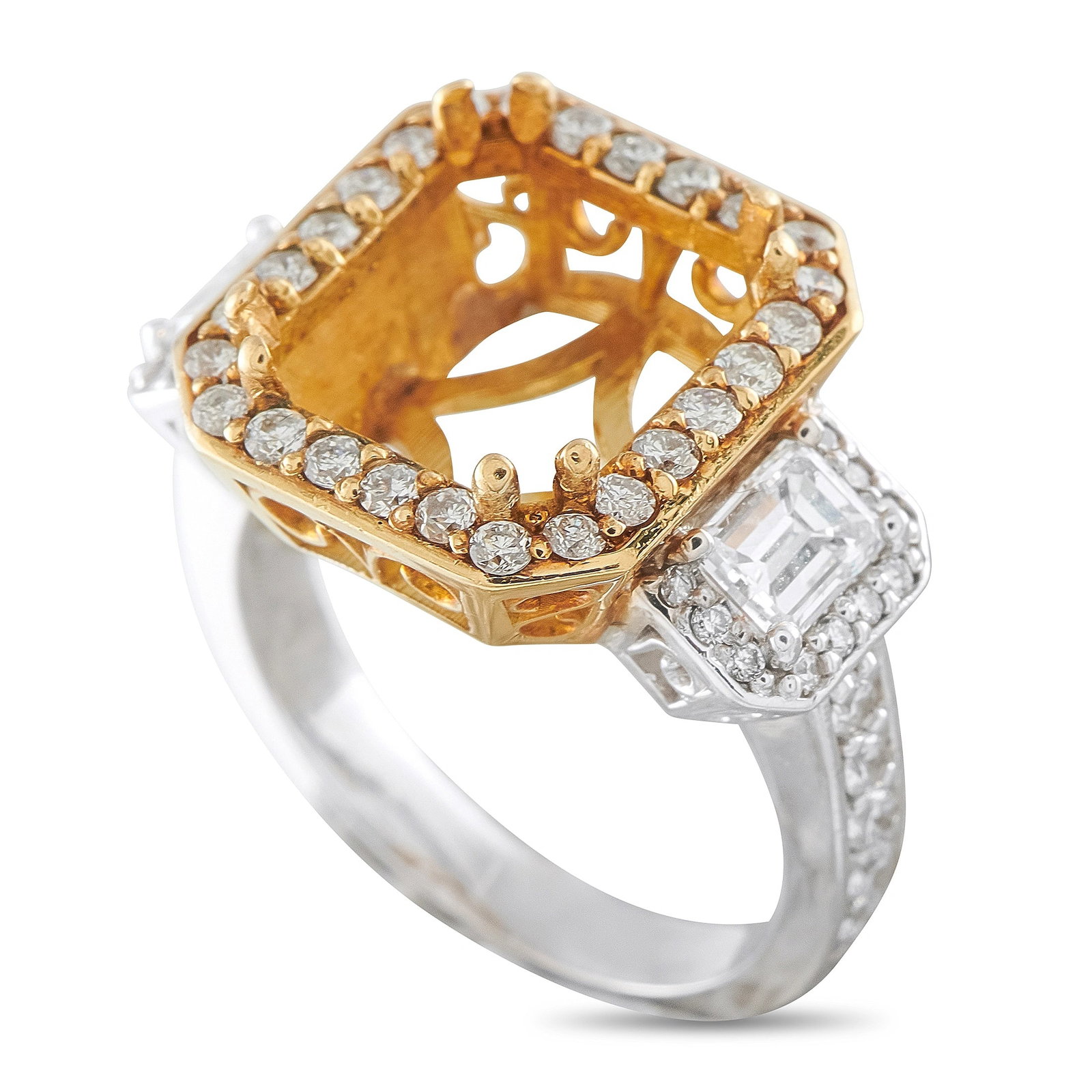 18K White Gold 1.90ct Diamond Halo Mounting Ring: This 18K white gold semi-mount ring is designed to showcase a customer’s own center stone, featuring an octagonal halo of round brilliant diamonds accented by two emerald-cut diamonds set along the 