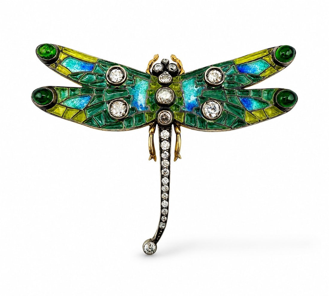 Imperial Russian Period 56K Gold Enamel and 1.5ct Diamond Dragonfly Brooch: Imperial Russian 56 Gold & 1.50 Carat Diamond Dragonfly Brooch, Circa 1900 A rare and highly collectible Imperial Russian dragonfly brooch, beautifully handcrafted in 56 zolotnik gold (approximately