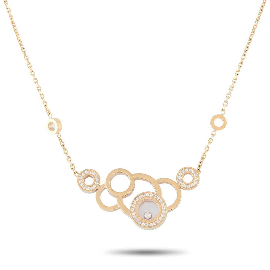 CHOPARD Happy Diamonds 18K Rose Gold and Diamond Necklace: CHOPARD Happy Diamonds 18K Rose Gold and Diamond Necklace This Chopard Happy Diamonds necklace is crafted in 18K rose gold and features the brand’s signature cluster of interlocking circles, includi