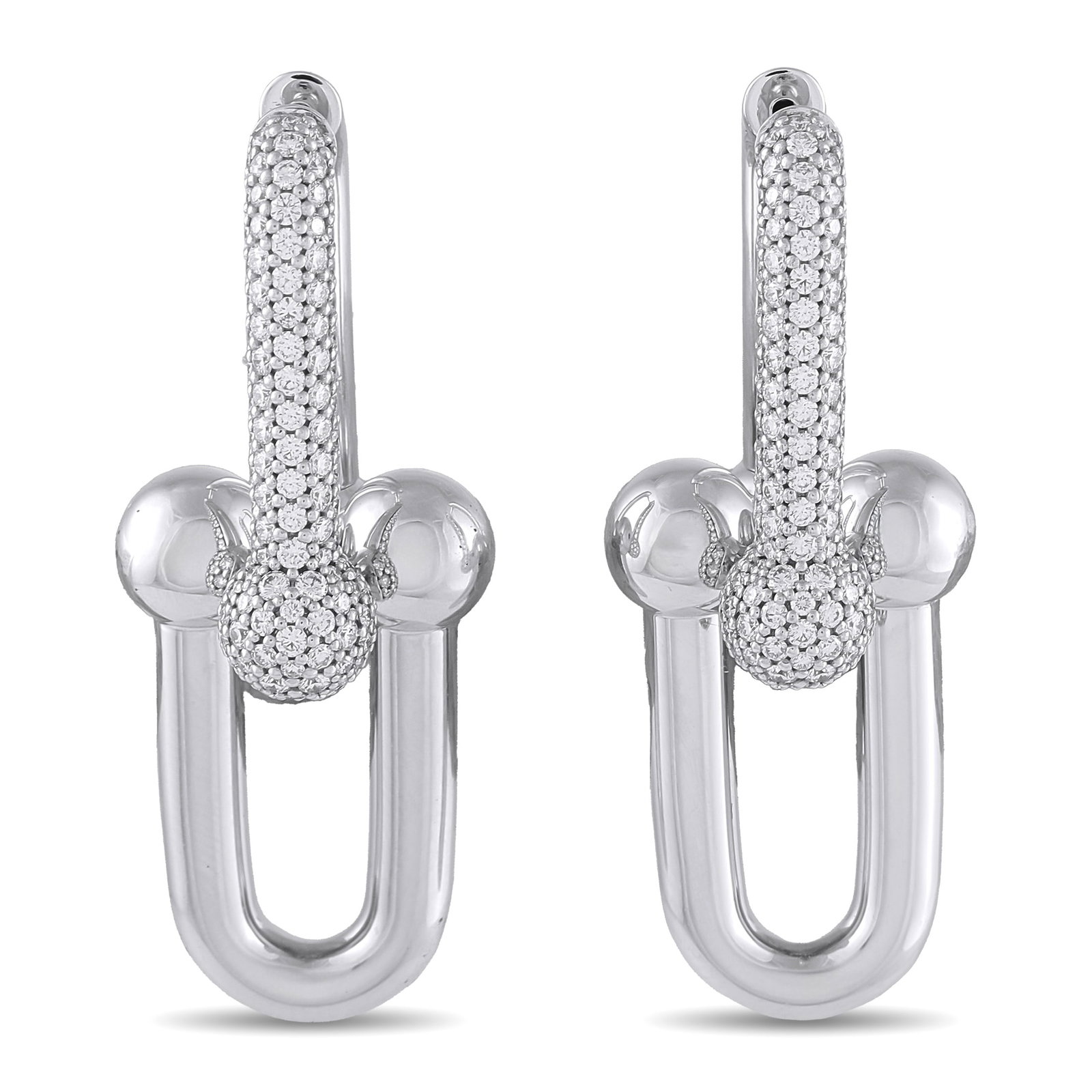 Tiffany & CO. HardWear 18K White Gold 1.18ct Diamond Earrings: These Tiffany & Co. HardWear earrings are simple yet statement-making. Set in 18K White Gold, the collection’s signature gauge link design is elevated by glittering pavé Diamonds totaling 1.18