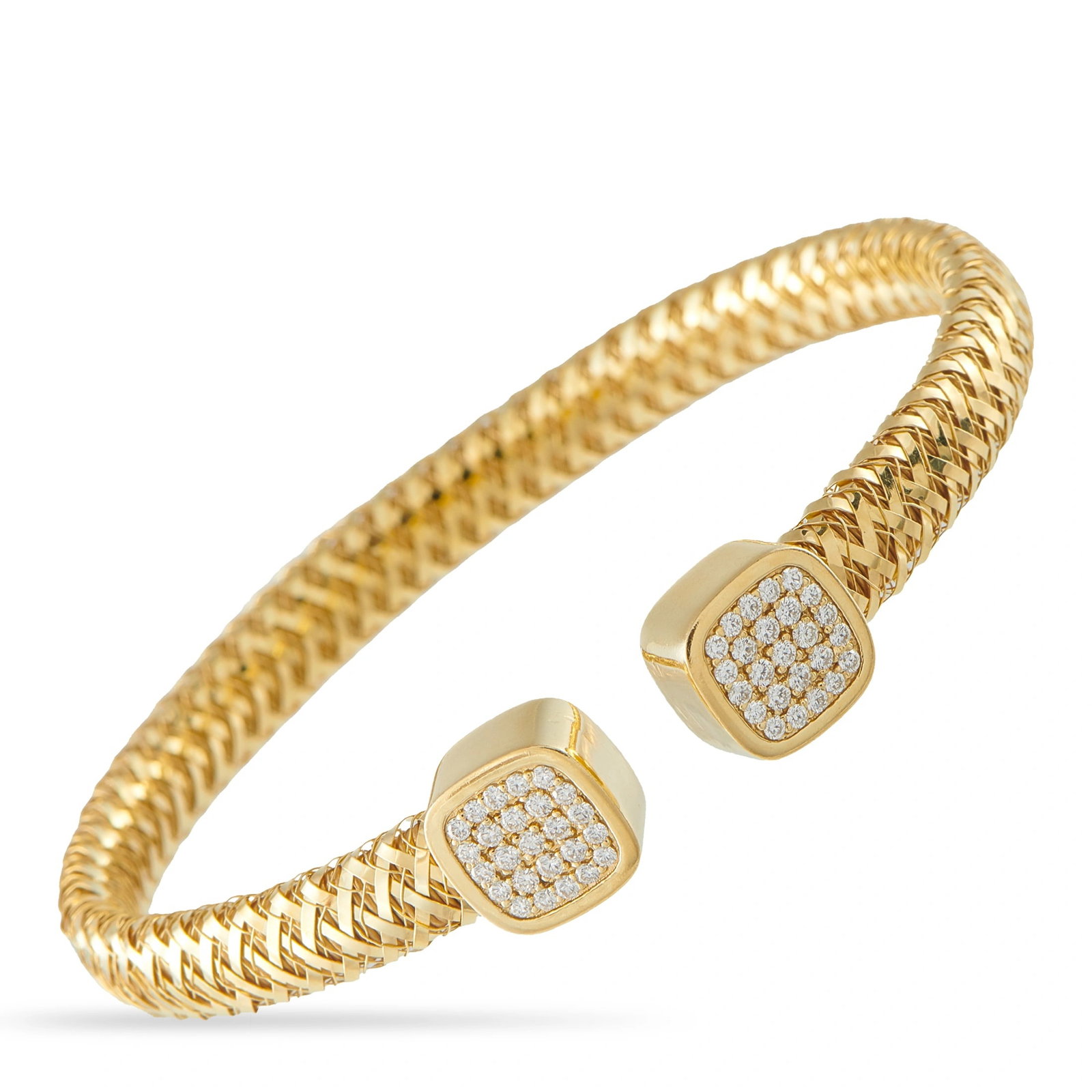 Roberto Coin Primavera 18K Yellow Gold 0.50ct Diamond Woven Cuff Bracelet: This Roberto Coin Primavera bracelet is crafted in 18K yellow gold with a flexible, tightly woven mesh band in an open bypass cuff design. Both terminal ends feature cushion-shaped stations pave-set