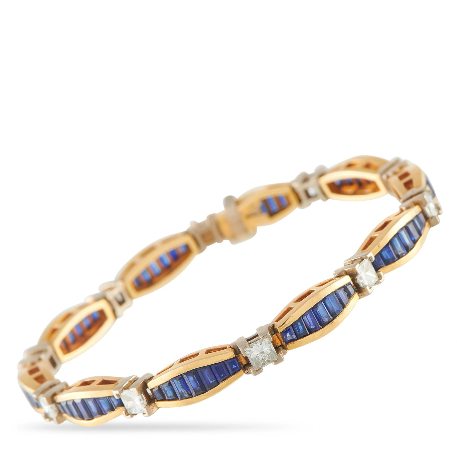 18K Yellow Gold 2.50ct Diamond and Sapphire Bracelet: This link bracelet is crafted in 18K yellow gold with white gold diamond stations, featuring channel-set baguette-cut sapphires totaling approximately 4.50 carats alternating with princess-cut