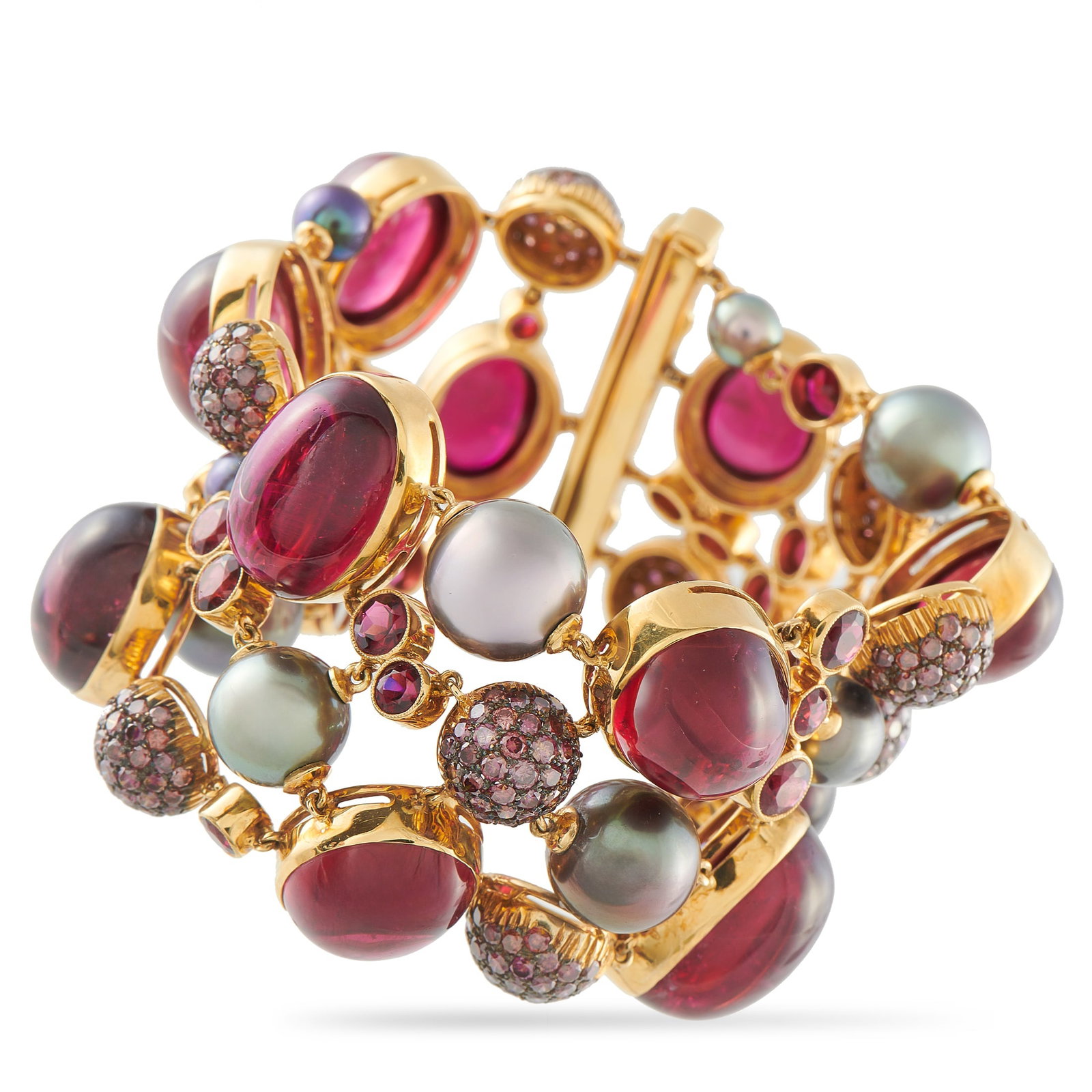 18K Yellow Gold 0.30ct Diamond and Tourmaline Bracelet: An array of colors, textures, and materials make this luxury bracelet incredibly dynamic in design. Set in 18K Yellow Gold, Tourmaline gemstones with a total weight of 135.0 carats make it come alive