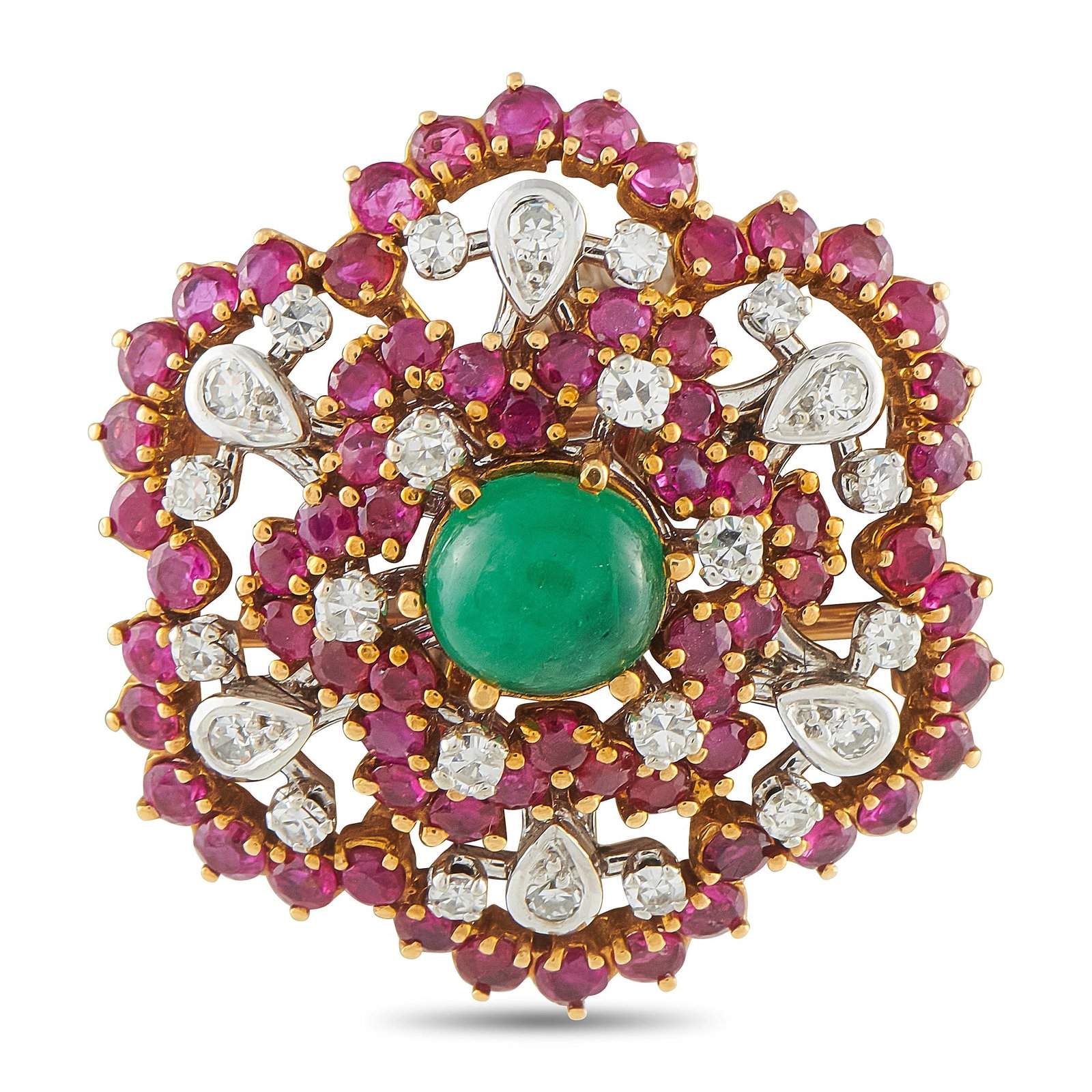 Antique French 18K Yellow Gold 0.50ct Diamond, Ruby, and Emerald Cluster Brooch (1 of 3)