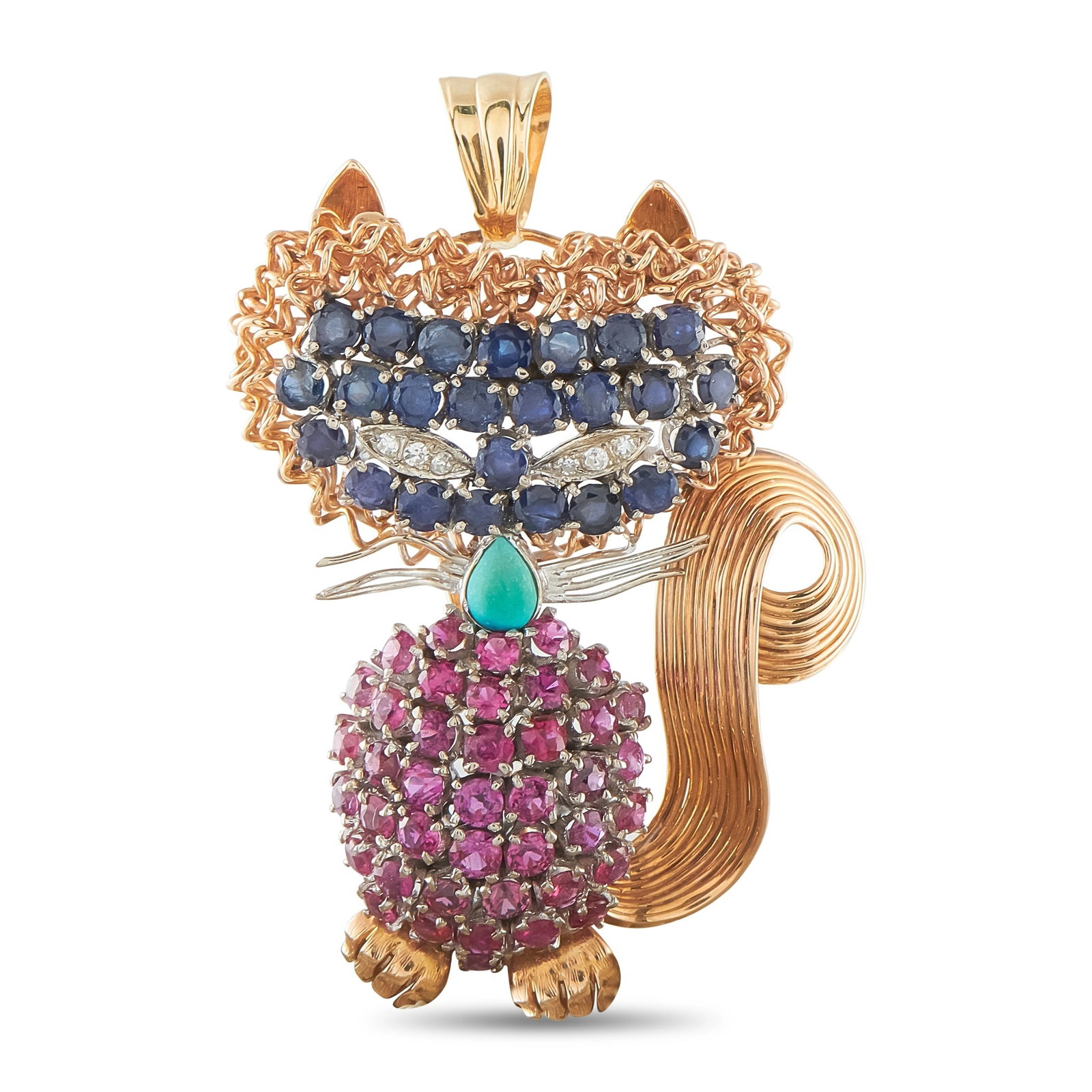 14K Rose Gold Diamond Sapphire Ruby Cat Brooch: This whimsical brooch is crafted in 14 karat rose gold in the form of a seated cat, its masked face pave-set with round blue sapphires and tiny diamond eyes, and its body pave-set with vivid pink-red 