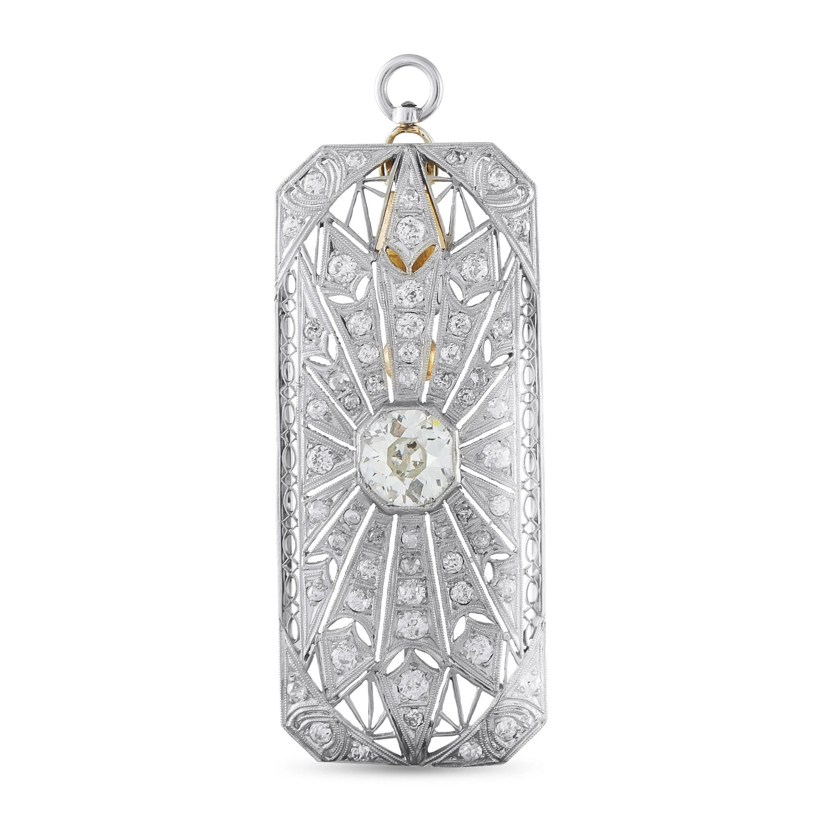 Platinum and 14K Yellow Gold 2.70ct Diamond Art Deco Brooch: This Art Deco-style brooch is crafted in platinum with a 14K yellow gold pin mechanism, featuring an openwork filigree design that radiates from a center old mine-cut diamond weighing approximately 1.