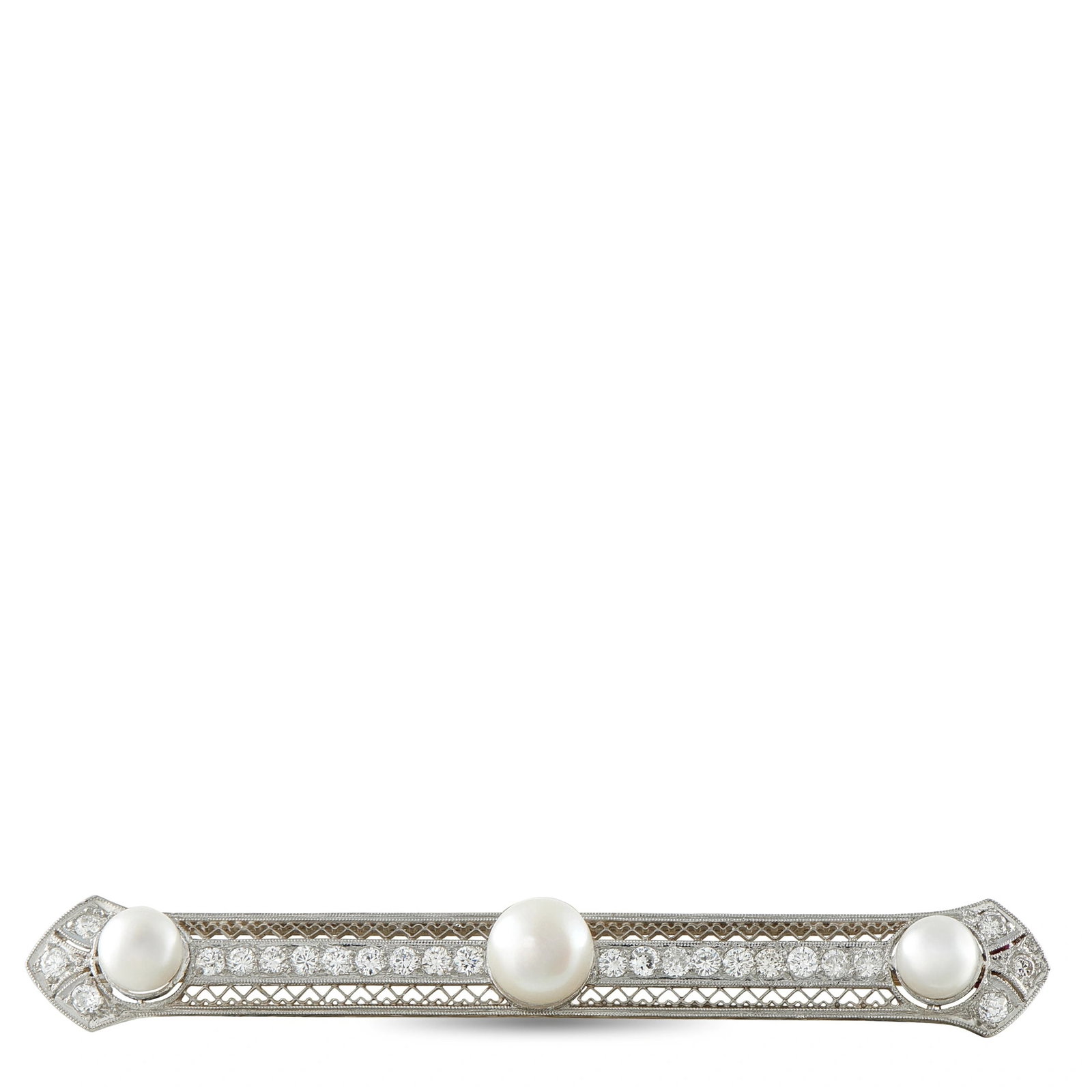 Antique Platinum 1.0ct Diamond and Pearl Brooch: This antique bar brooch is crafted in platinum with delicate hand-pierced filigree work and milgrain edges. Three lustrous pearls are bezel-set along the center of the bar, flanked by round brilliant-