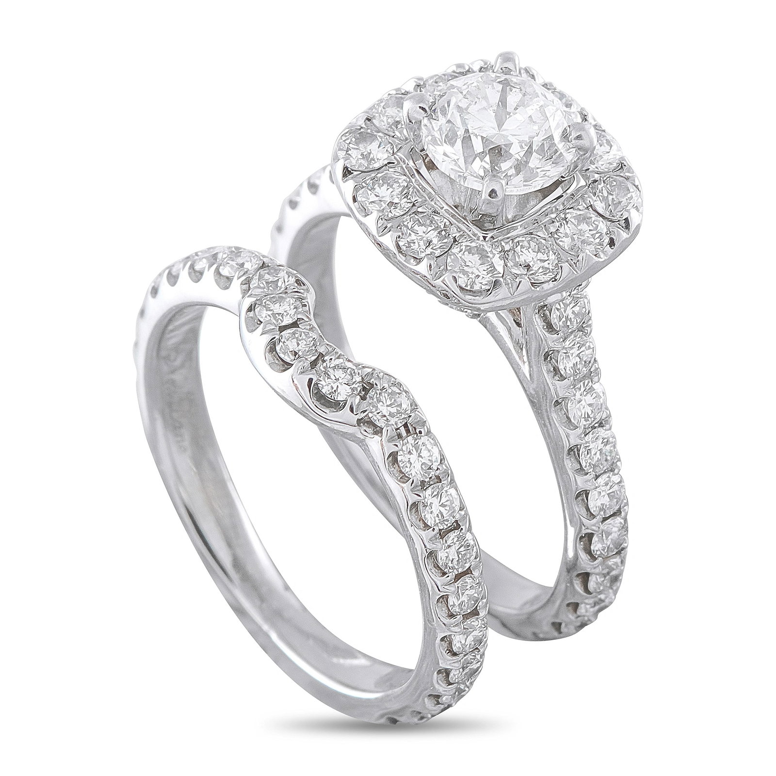 Neil Lane 14K White Gold 1.50ct Diamond Ring: This Neil Lane diamond engagement ring set is crafted in 14K white gold and includes two pieces: a cushion-halo engagement ring centered on a round brilliant-cut diamond weighing approximately 0.97