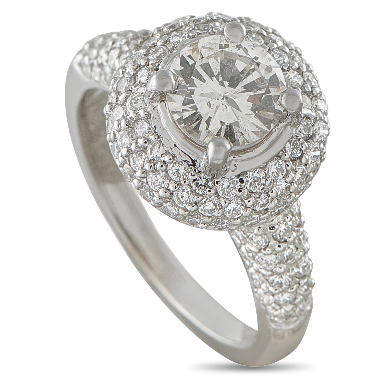 18K White Gold 1.95ct Diamond Ring: This ring is crafted in 18K white gold and showcases a round center diamond of approximately 1.10 carats surrounded by a double halo of pave-set round diamonds, with pave diamonds continuing down the