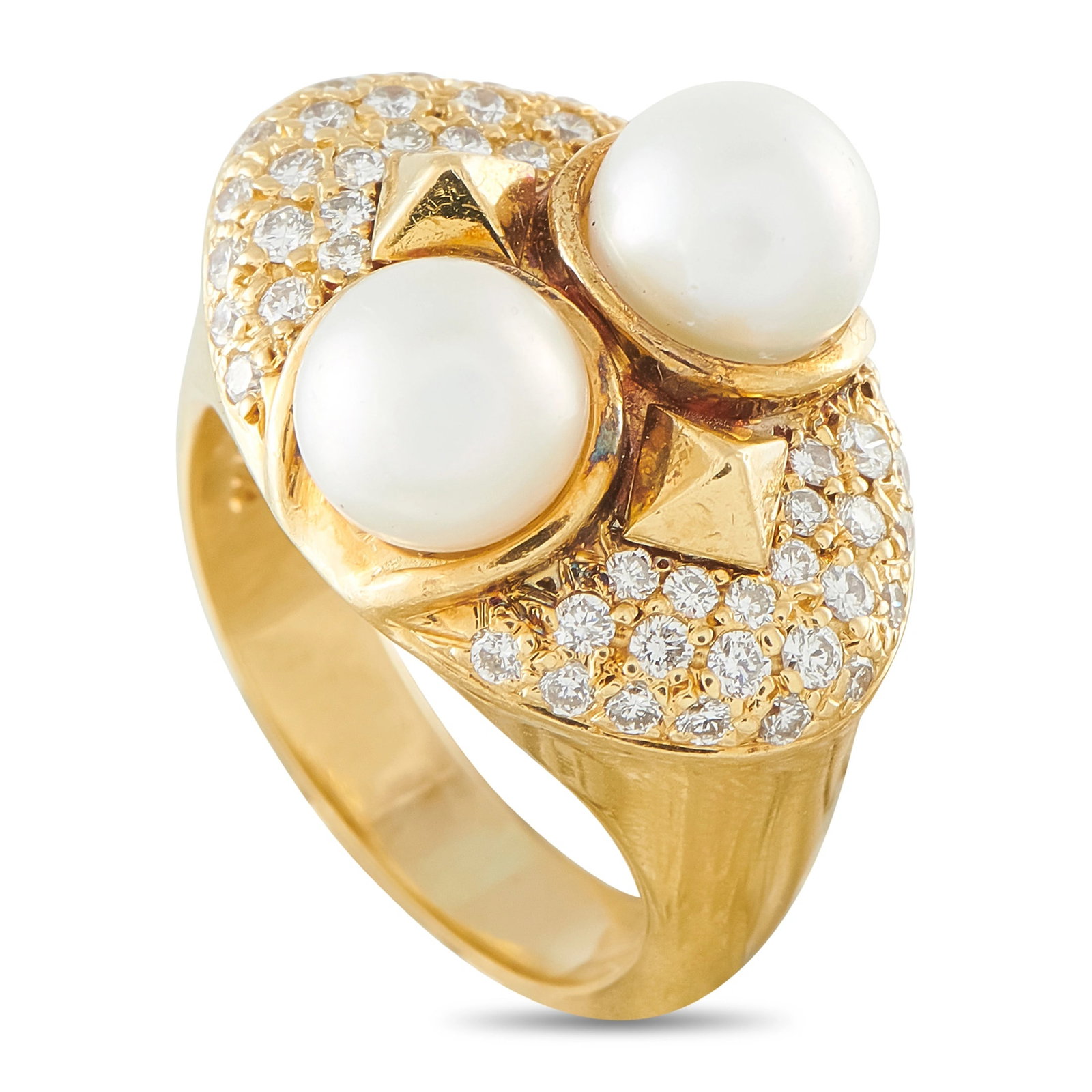 18K Yellow Gold 0.46ct Diamond and Pearl Ring: This ring is crafted in 18K yellow gold and set with two lustrous pearls measuring approximately 7.1mm, accented by pave-set round diamonds totaling approximately 0.46 carats. The ring weighs 14.0 gra