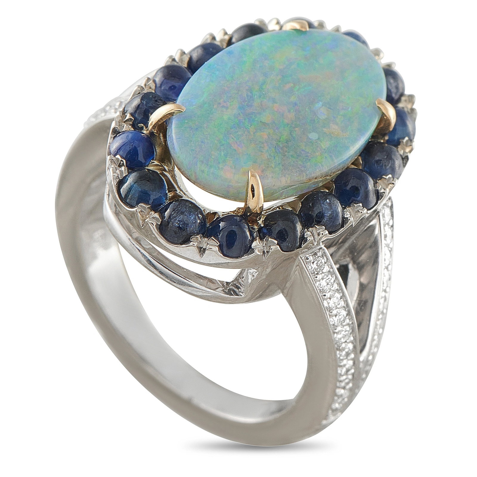 18K White Gold 0.70ct Diamond, Sapphire, and Opal Ring: This ring is crafted in 18K white gold and centers on a cabochon Australian opal weighing approximately 3.75 carats, prized for its vivid play of color. The opal is encircled by a halo of rich blue sa