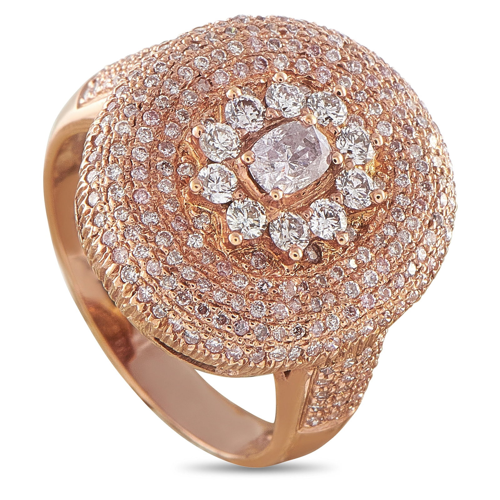 18K Rose Gold 1.13ct Fancy Diamond Cluster Ring: Sparkling Fancy Diamonds with a total weight of 1.13 carats allow this ring to continually radiate light. Bold and incredibly impressive, the circular 18K Rose Gold setting offers a unique take on cla