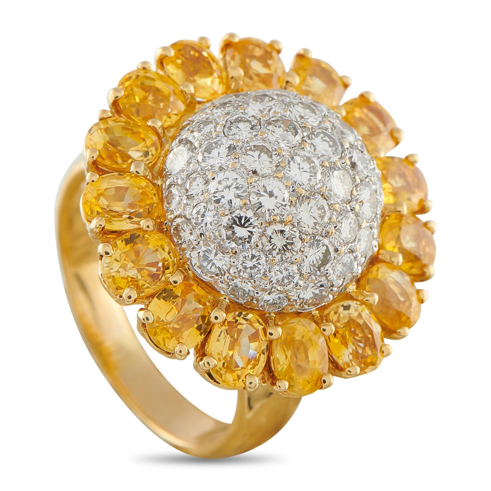 18K Yellow Gold 1.80ct Diamond and Sapphire Sunflower Ring: A tribute to botanical beauty through the lens of fine jewelry. This ring presents a polished 3mm domed band in yellow gold, supporting a raised crown where a round diamond cluster forms the central d