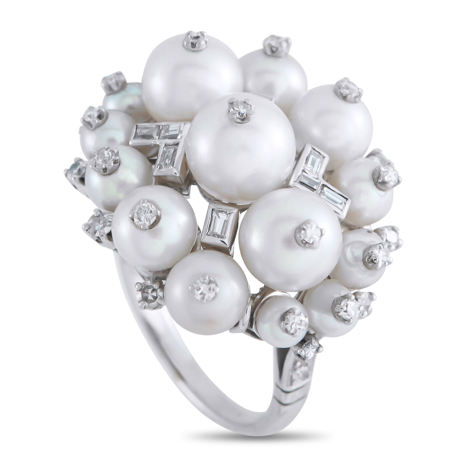 Platinum 0.75ct Diamond and Pearl Ring: Luminous Pearls and Diamonds with a total weight of 0.75 carats are beautifully juxtaposed at the top of this exquisite luxury ring. Set in Platinum, the unique design will instantly add a touch of dr
