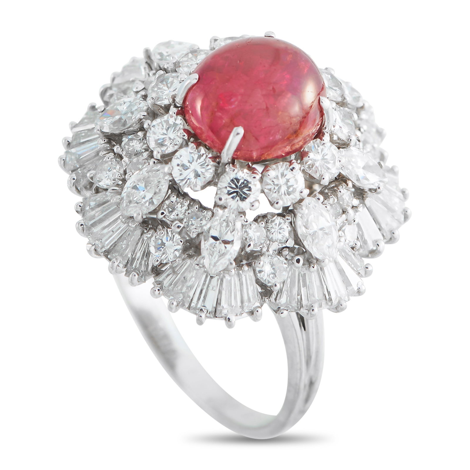 Platinum 3.76ct Diamond and Ruby Ring: This luxury ring will add color, texture, and dimension to any ensemble. A 3.60 carat Ruby cabochon makes a statement at the center, while a dazzling array of Diamonds totaling 3.76 carats make it eve
