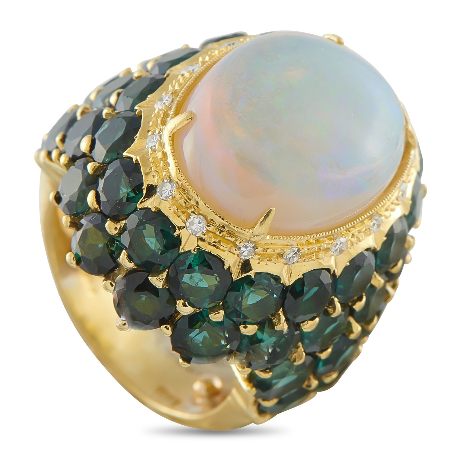 18K Yellow Gold 12.60ct Tourmaline and Opal Ring: This ring beautifully combines unique colors and textures. A luminous 8.0 carat Opal makes a statement at the center, while vibrant Tourmaline gemstones totaling 12.60 carats elevate the perimeter of 
