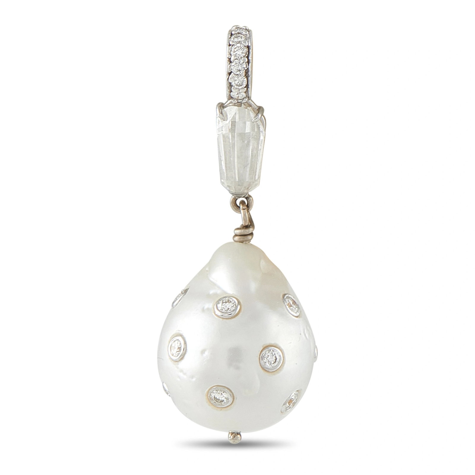 18K White Gold 1.35ct Diamond and Pearl Pendant: This pendant is crafted in 18K white gold and features a diamond-set bail suspending a diamond drop accented with pave-set round diamonds, for a total diamond weight of approximately 1.35 carats. The 