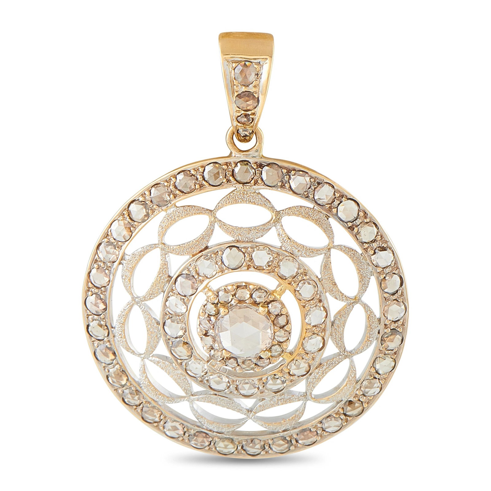 18K Yellow Gold 2.50ct Diamond Pendant: This medallion-style pendant is crafted in 18K yellow gold and set with rose-cut diamonds totaling approximately 2.50 carats arranged in a concentric mandala pattern. The pendant measures approximatel