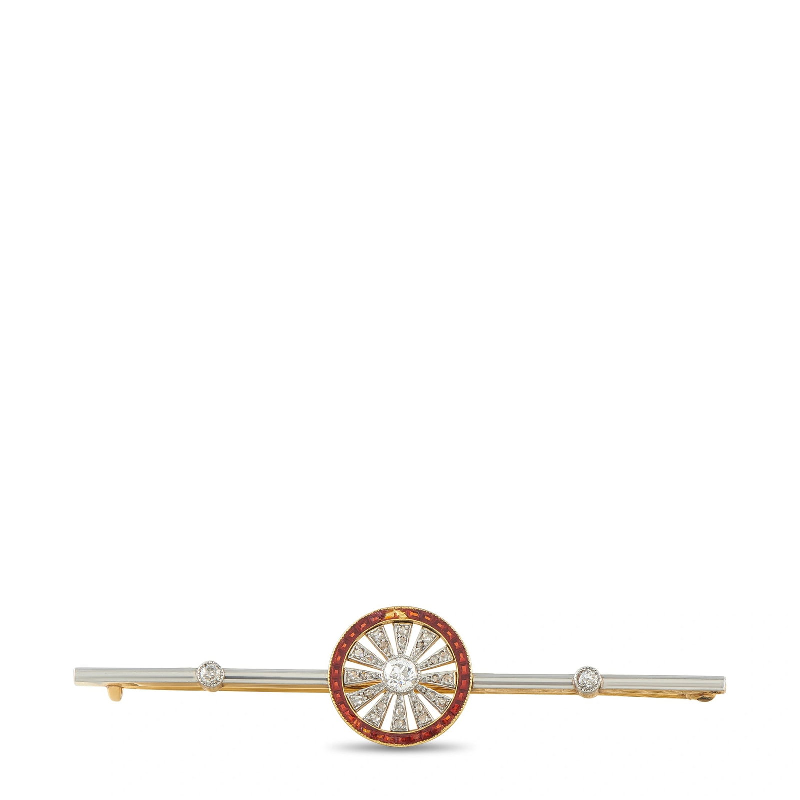 Antique 18K Yellow Gold and Platinum 0.25ct Diamond Enamel Brooch: This antique brooch is crafted in 18K yellow gold and platinum, centered with an old cut diamond framed by a red enamel wheel motif with rose cut diamond accents and two bezel-set diamonds along the b
