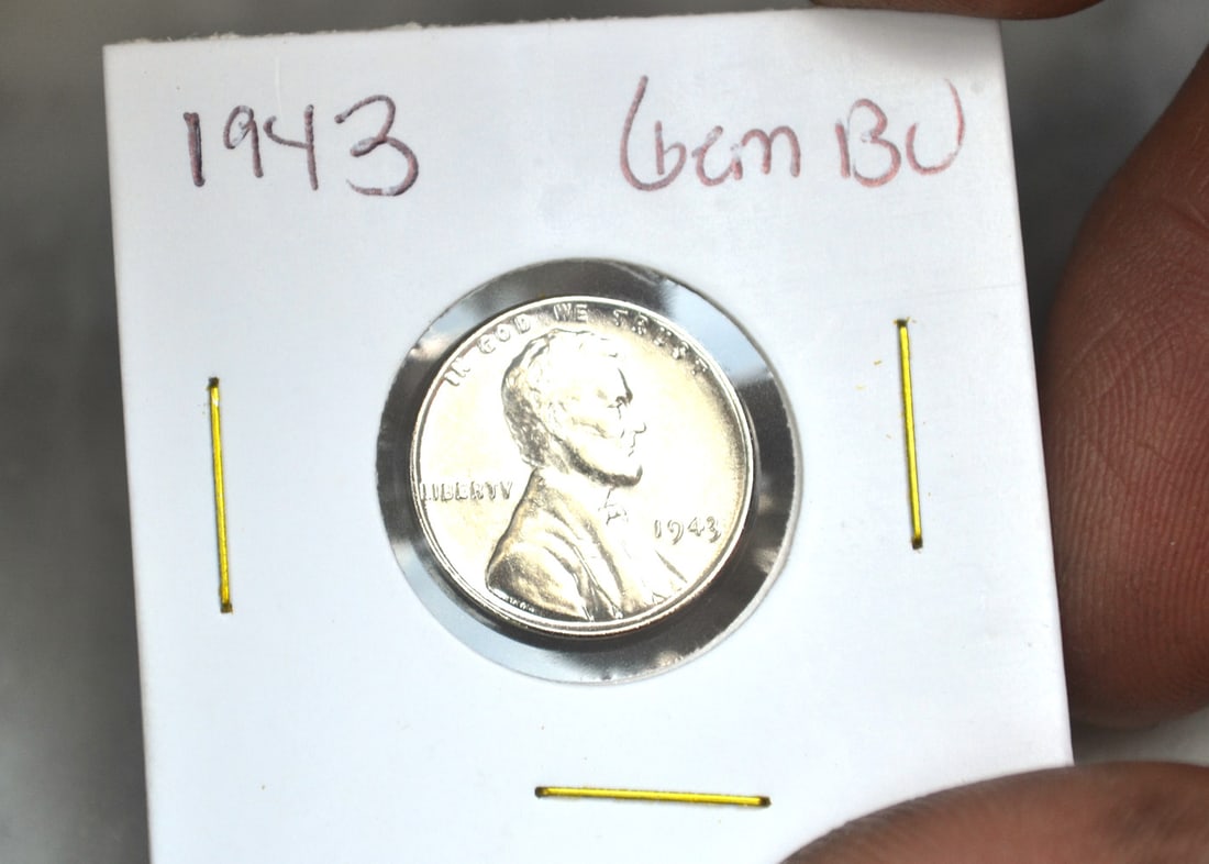 1943 Steel Penny in Coin Case -- Uncirculated?: Beautiful penny. Marked as Gem BU, which stands for Gem Brilliant Uncirculated. Appears accurate, as far as we can tell. Shipping is a flat rate of $6, no matter how many lots won. For Proxibid