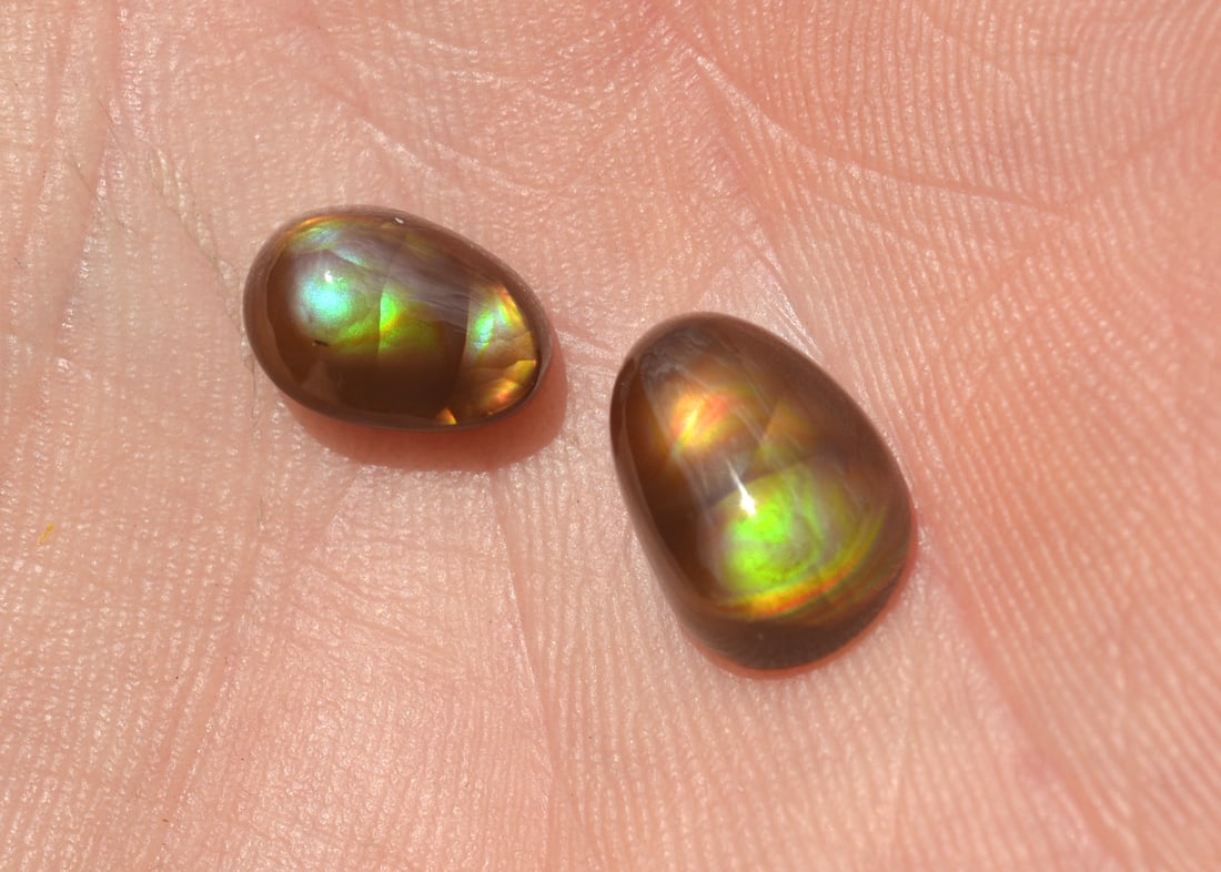 7.91 Carat Pair of Fire Agate: Nice Fire Agates with beautiful fire. Fire Agates are only mined in North America, so as you can imagine, the value is quite high. Top quality pieces can sell for more than $1000 per carat. Natural an