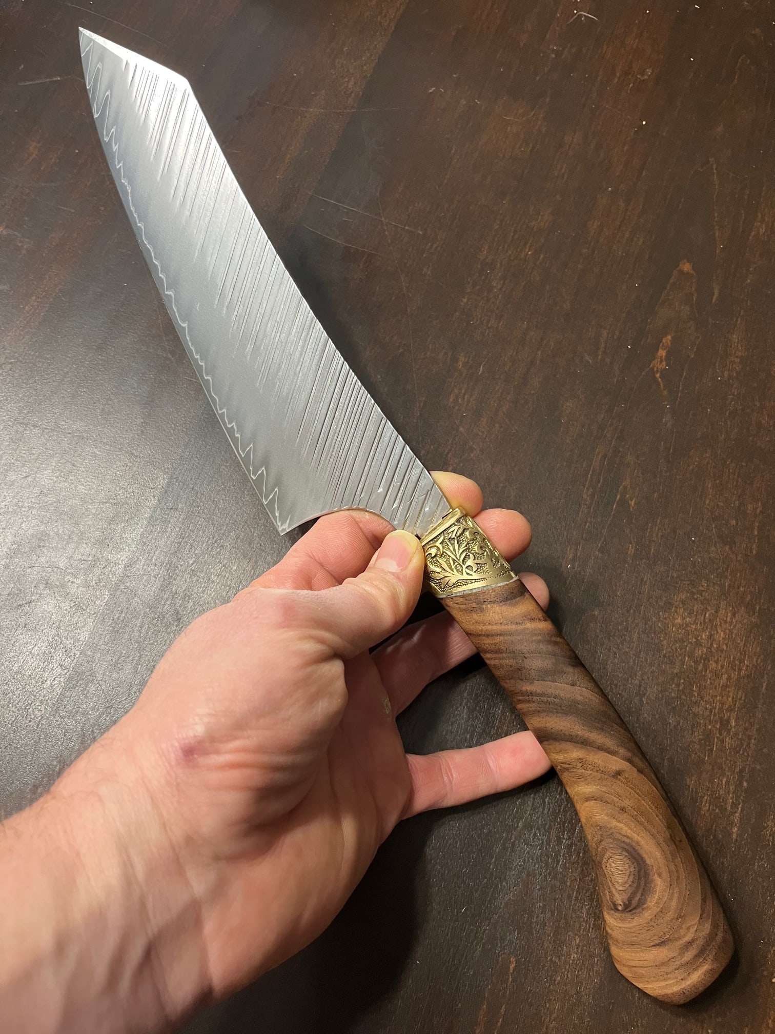 High End, Handmade, Professional Chef Knife with Black Walnut Handle: This is a very limited edition, custom made, professional chef knife. Do some searches. You won't find a knife like this anywhere else. Each one is a completely unique work of art. This knife is made 