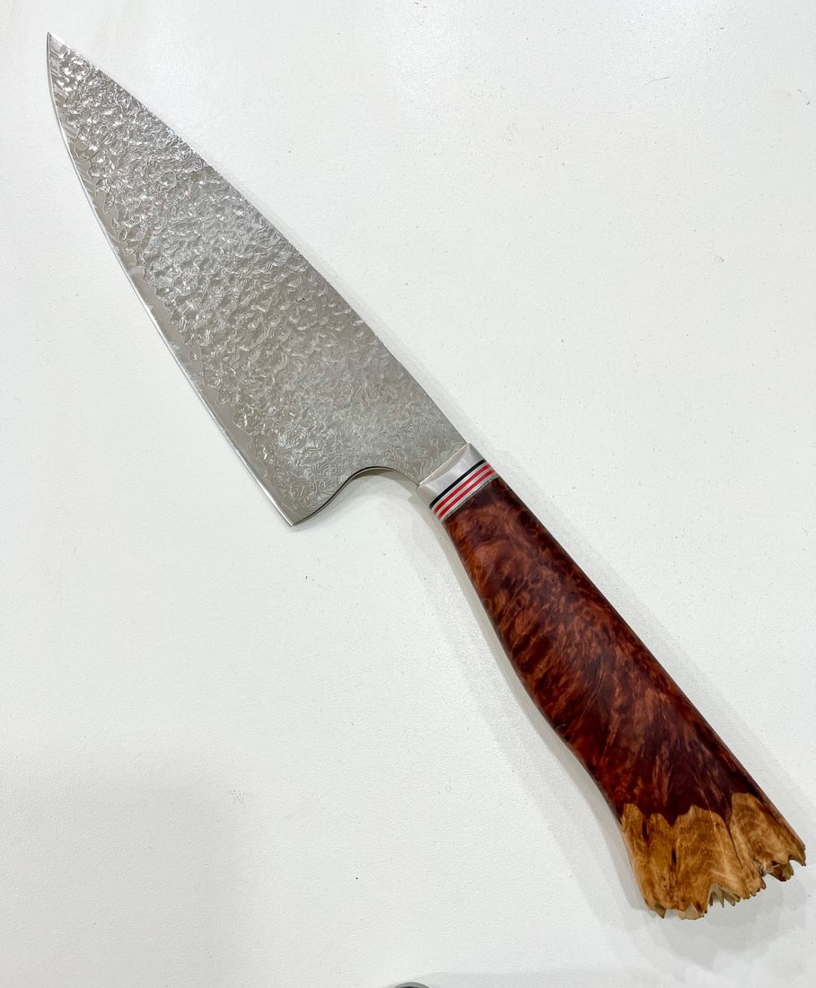 High End, Handmade, Professional Chef Knife with Live Edge Red Morrell Burl Handle - 2