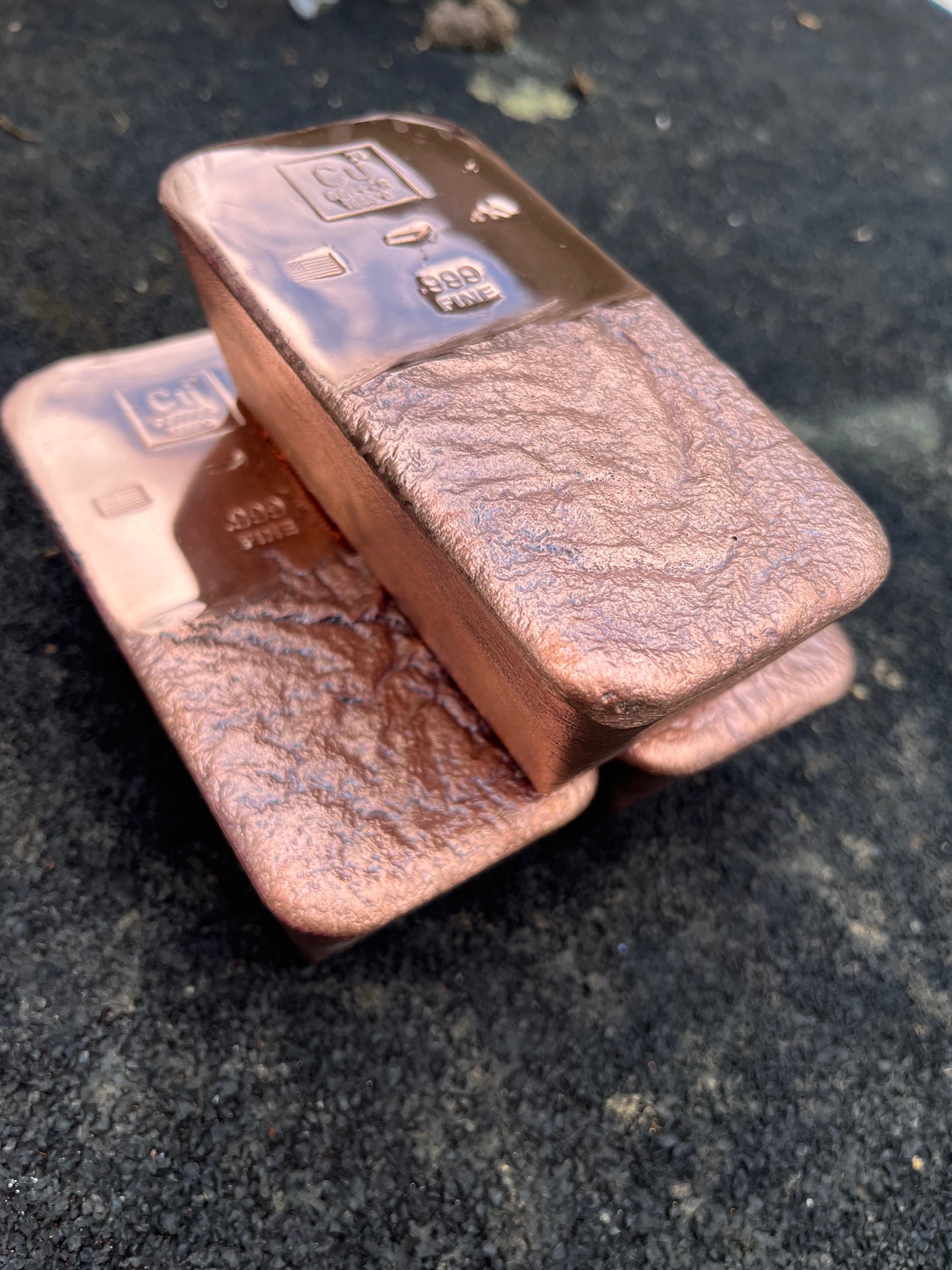 3x -- 4.25+LB Copper Bars -- 99.9% Pure: Gorgeous set of stackable copper. Bright and shiny bullion. Beautiful artisan ingots that weigh just over 4.25 pounds each. This set weighs over 13 pounds. Fully stamped bars. The three stamps at the