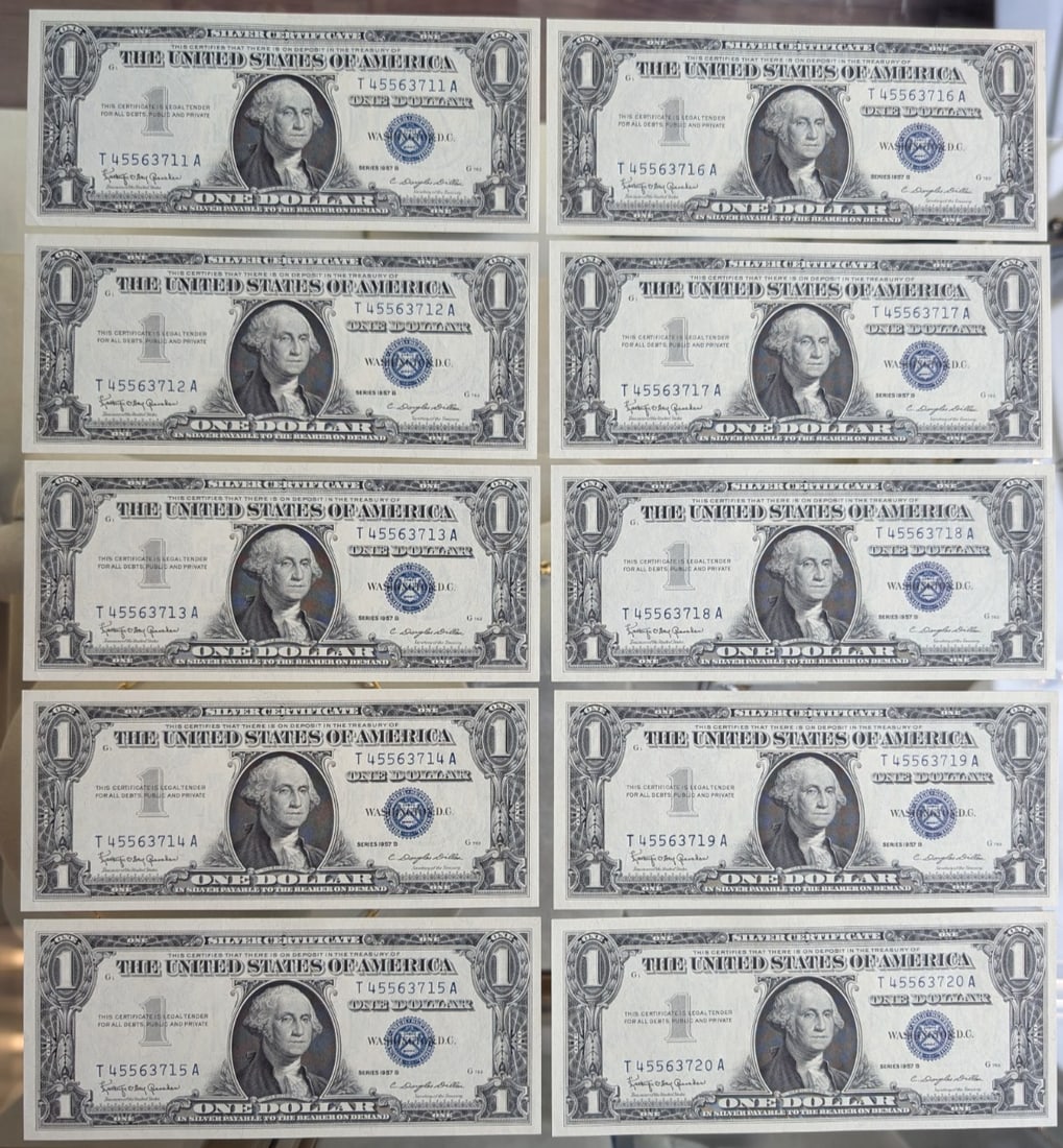 Set of 10, Sequential!! 1957 $1 Silver Certificates: Very nice set of bills here. Sequential, which is wonderful because it also virtually guarantees they are uncirculated. These would be bills to get graded, especially having such a large set. Incredib