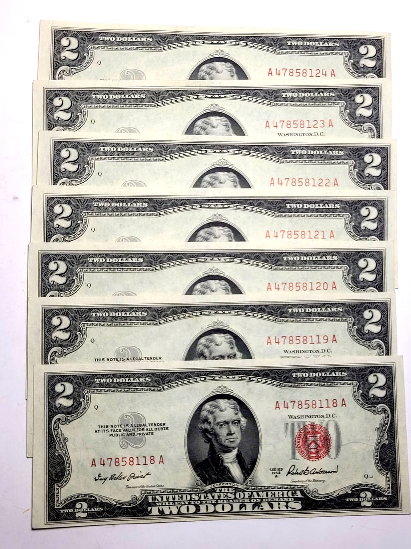 Set of 7, Sequential!! 1963 $2 Red Seal Dollars: Very nice set of bills here. Sequential, which is wonderful because it also virtually guarantees they are uncirculated. These would be bills to get graded, especially having such a large set. Incredib
