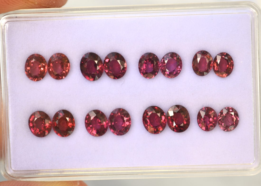 12.40 Carats of Jewelry Grade Rhodolite Garnet Matched Pairs: Beautiful set of jewelry grade matched pairs. Fantastic cuts, color and clarity. Most gems sold online aren't jewelry grade. They're either poorly cut, have weak color or too many inclusions, giving