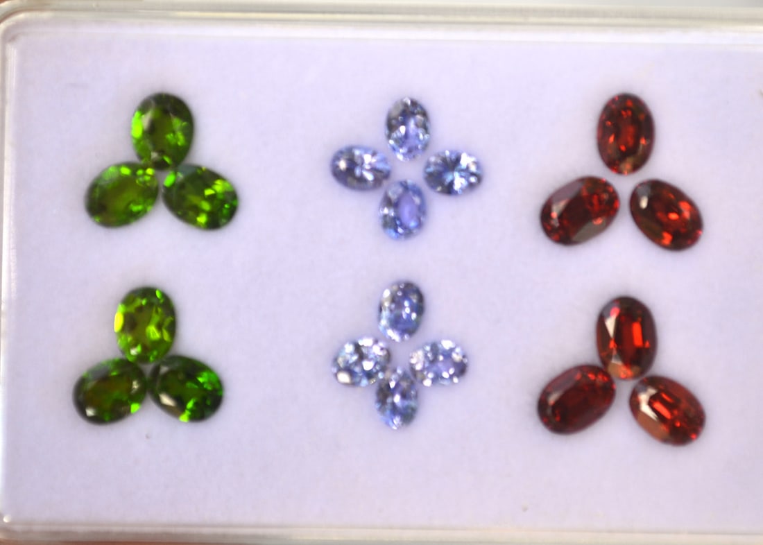 6.98 Carats of Jewelry Grade Mixed Gems: High grade set of gemstones! Included is 2.31 Carats of Chrome Diopside, 3.22 Carats of Garnet, and 1.45 Carats of Tanzanite. All high quality, colorful stones with good clarity and cutting. Most