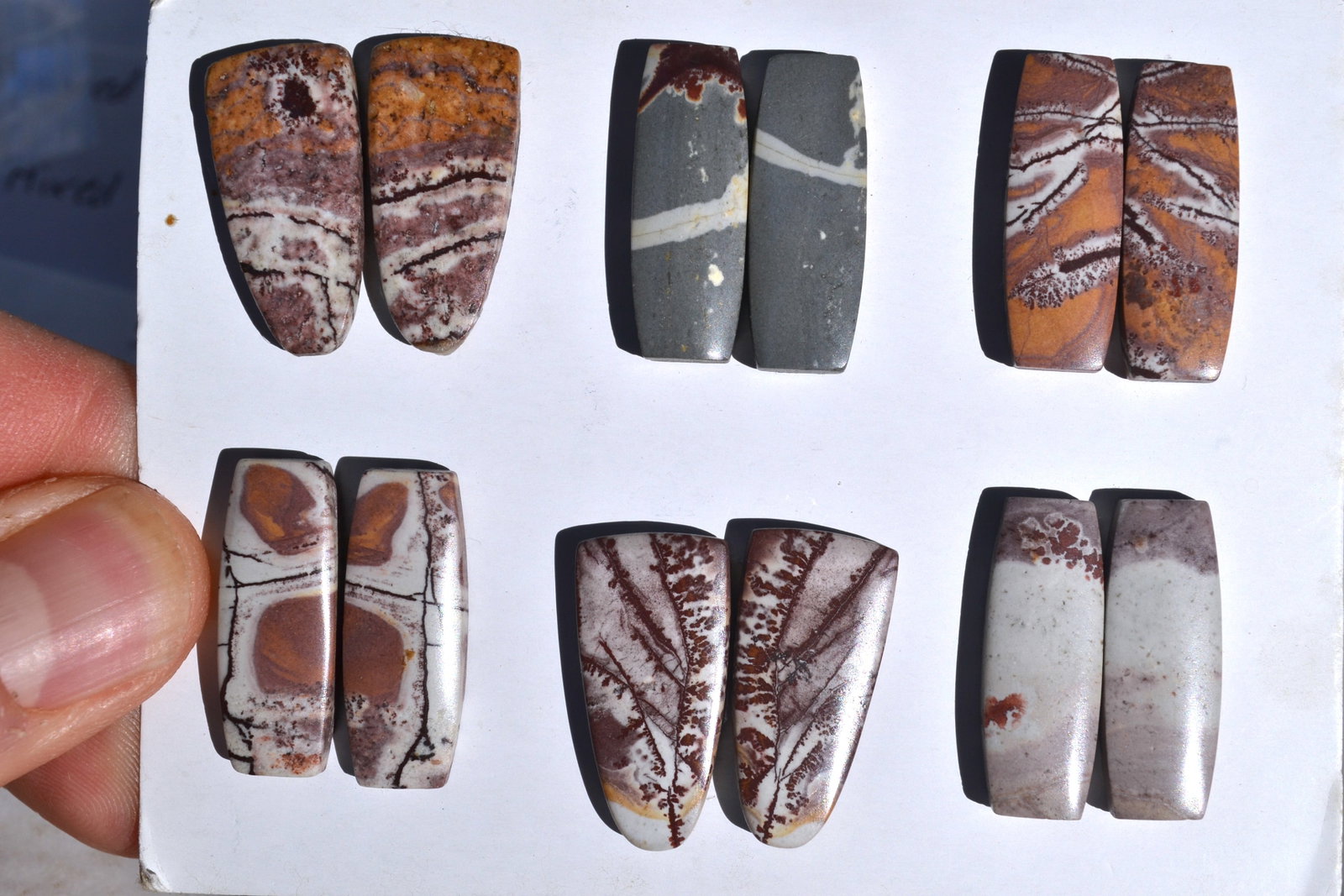 Jewelry Grade, Old Stock Jasper Matched Pairs: Top jewelry grade Jaspers here, arranged in matched pairs. Perfect for the jeweler or amateur jeweler. You aren't going to find nicer Jaspers at this price anywhere else. Tons of cabochons on the
