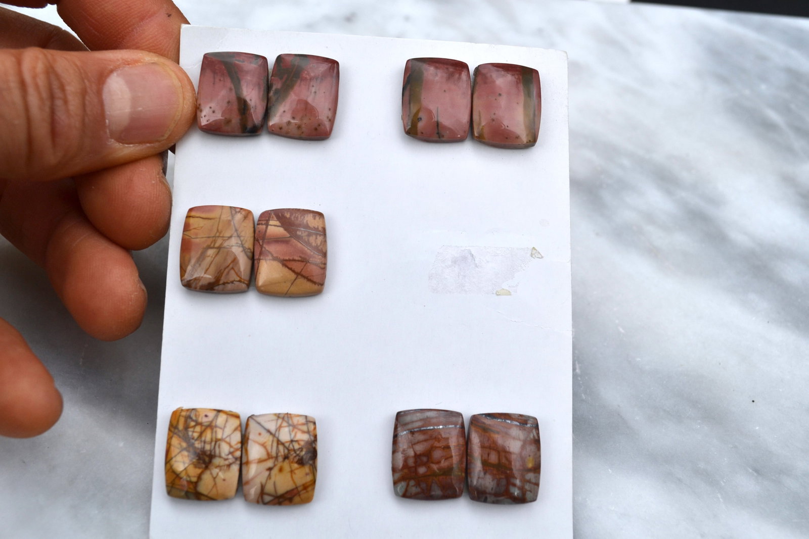 Jewelry Grade, Old Stock Jasper Matched Pairs: Top jewelry grade Jaspers here, arranged in matched pairs. Perfect for the jeweler or amateur jeweler. You aren't going to find nicer Jaspers at this price anywhere else. Tons of cabochons on the