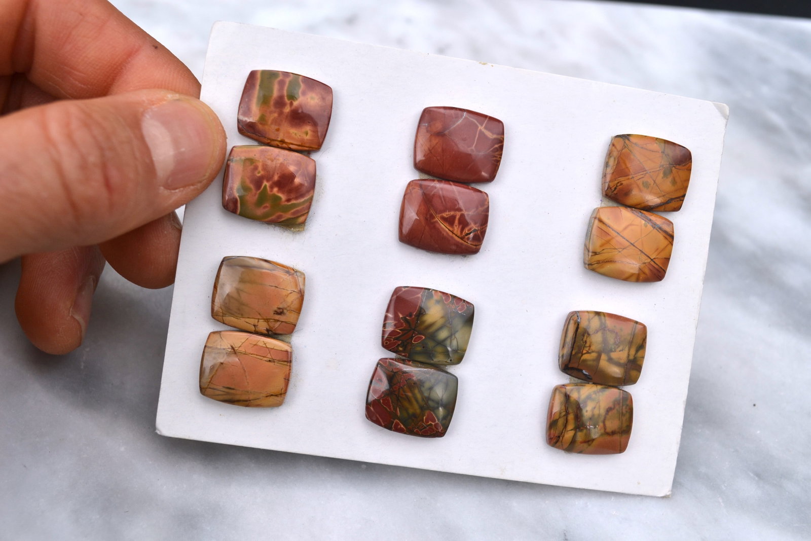 Jewelry Grade, Old Stock Jasper Matched Pairs: Top jewelry grade Jaspers here, arranged in matched pairs. Perfect for the jeweler or amateur jeweler. You aren't going to find nicer Jaspers at this price anywhere else. Tons of cabochons on the