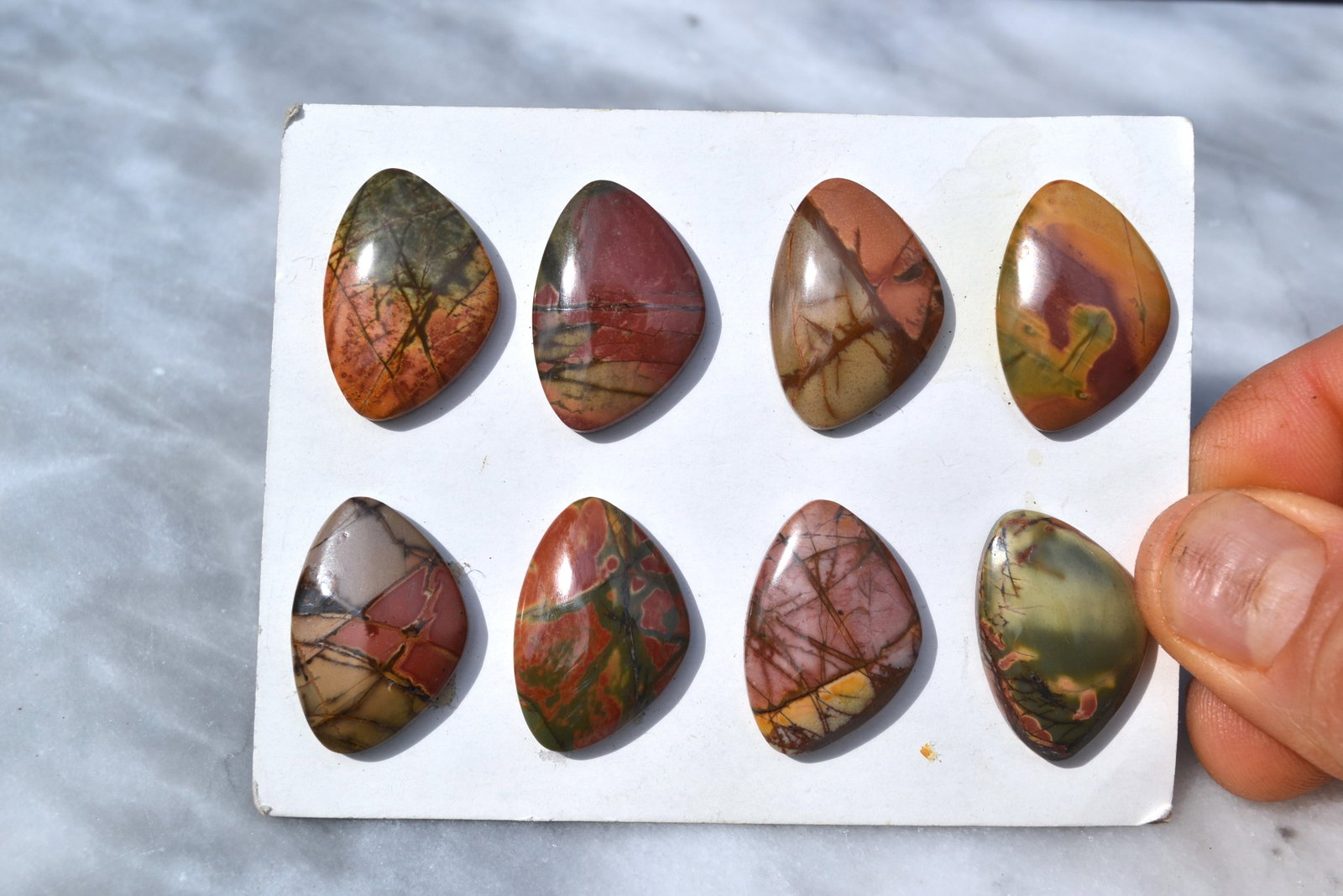 Jewelry Grade, Old Stock Jasper Matched Pairs: Top jewelry grade Jaspers here, arranged in matched pairs. Perfect for the jeweler or amateur jeweler. You aren't going to find nicer Jaspers at this price anywhere else. Tons of cabochons on the