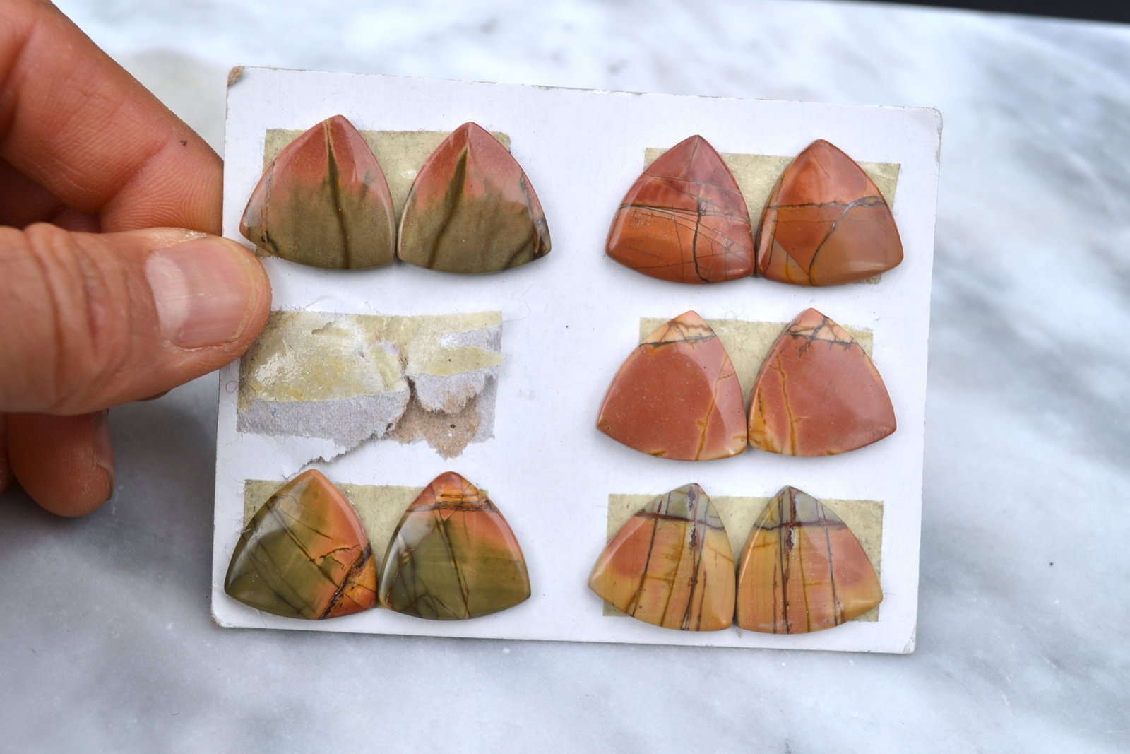 Jewelry Grade, Old Stock Jasper Matched Pairs: Top jewelry grade Jaspers here, arranged in matched pairs. Perfect for the jeweler or amateur jeweler. You aren't going to find nicer Jaspers at this price anywhere else. Tons of cabochons on the