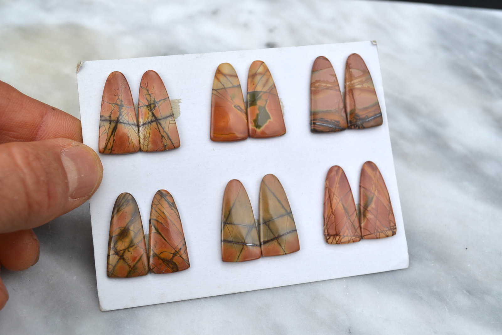 Jewelry Grade, Old Stock Jasper Matched Pairs: Top jewelry grade Jaspers here, arranged in matched pairs. Perfect for the jeweler or amateur jeweler. You aren't going to find nicer Jaspers at this price anywhere else. Tons of cabochons on the