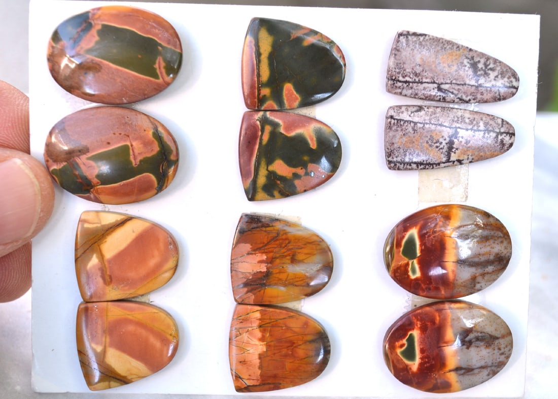Jewelry Grade, Old Stock Jasper Matched Pairs: Top jewelry grade Jaspers here, arranged in matched pairs. Perfect for the jeweler or amateur jeweler. You aren't going to find nicer Jaspers at this price anywhere else. Tons of cabochons on the
