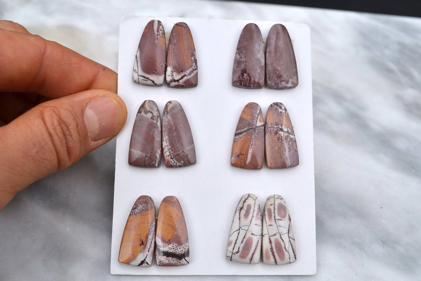 Jewelry Grade, Old Stock Jasper Matched Pairs: Top jewelry grade Jaspers here, arranged in matched pairs. Perfect for the jeweler or amateur jeweler. You aren't going to find nicer Jaspers at this price anywhere else. Tons of cabochons on the