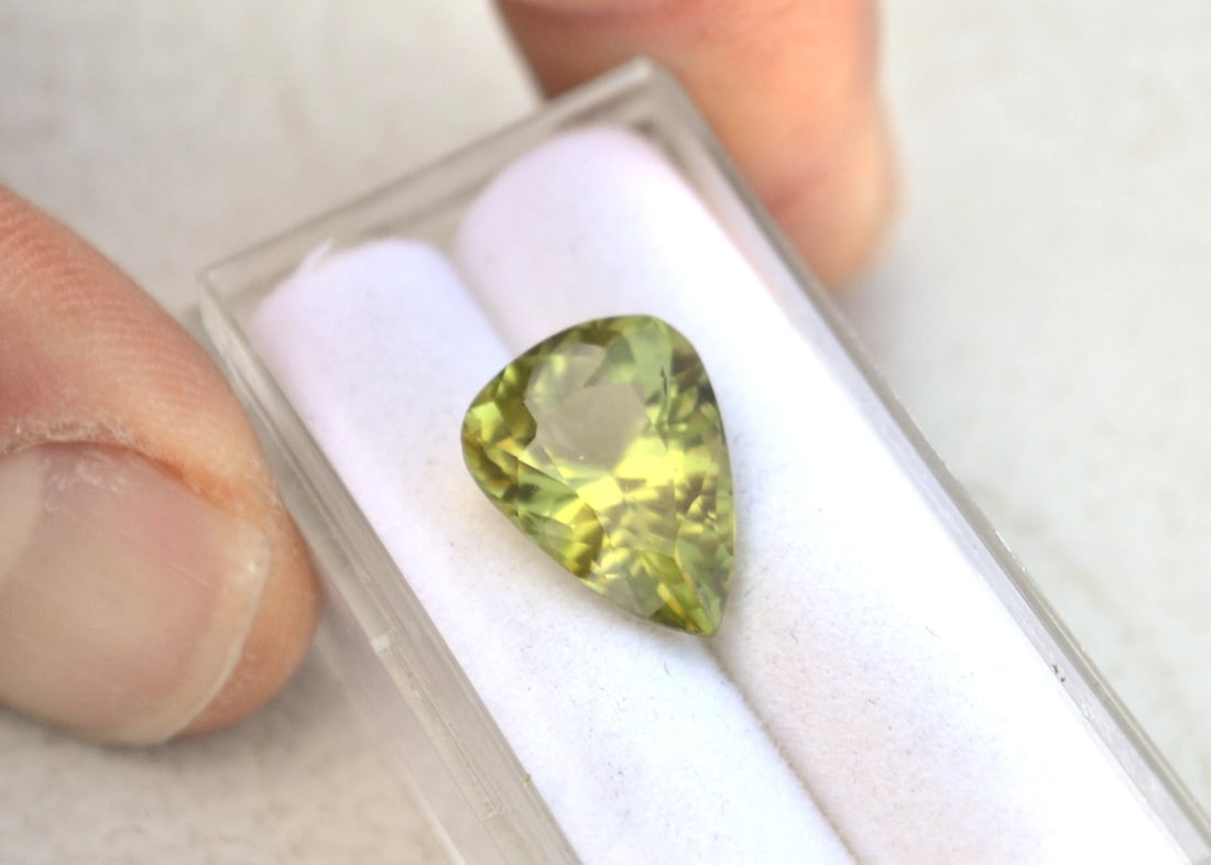 6.14 Carat Pear Cut Peridot: Very nice Peridot. Natural and untreated gemstone. Most gemstones bought online aren't very high quality. They're generally poorly cut, have weak color and too many inclusions. In order for a