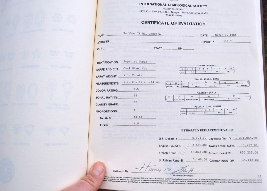 7.32 Carat Old Stock Oval Cut Imperial Topaz with 16 Page Appraisal Dossier - 7