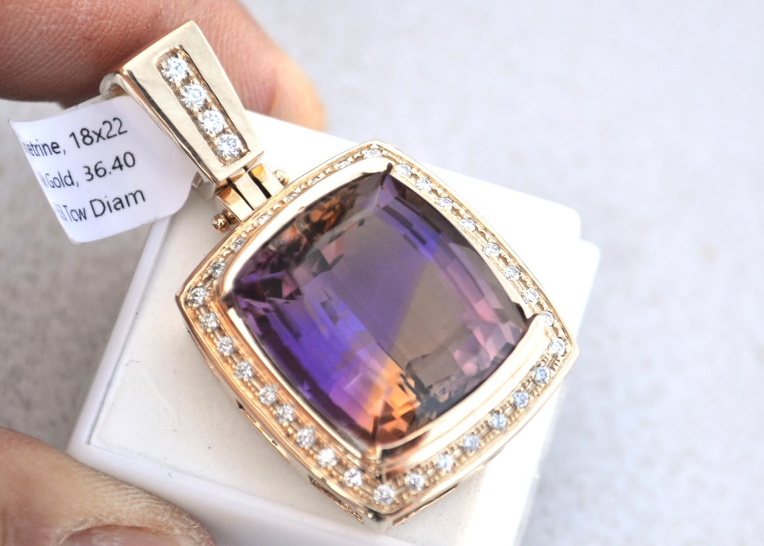 Ametrine Pendant in 14k Gold: Wow, what a pendant, with a huge fancy cut Ametrine and tons of gold and diamonds. Just a top quality piece, nicer than almost anything you can even find in a jewelry store for about a quarter of the